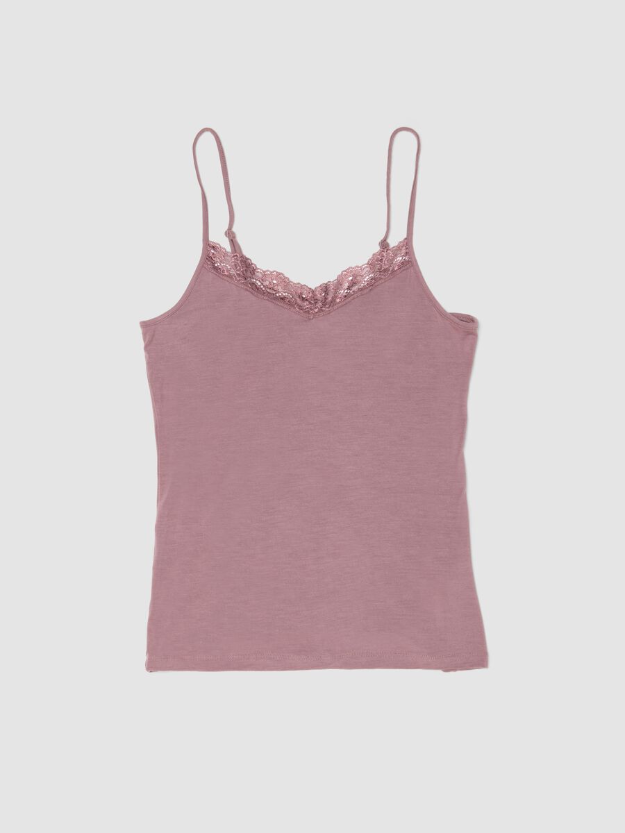 Pink slim fit stretchy viscose camisole with lace_4