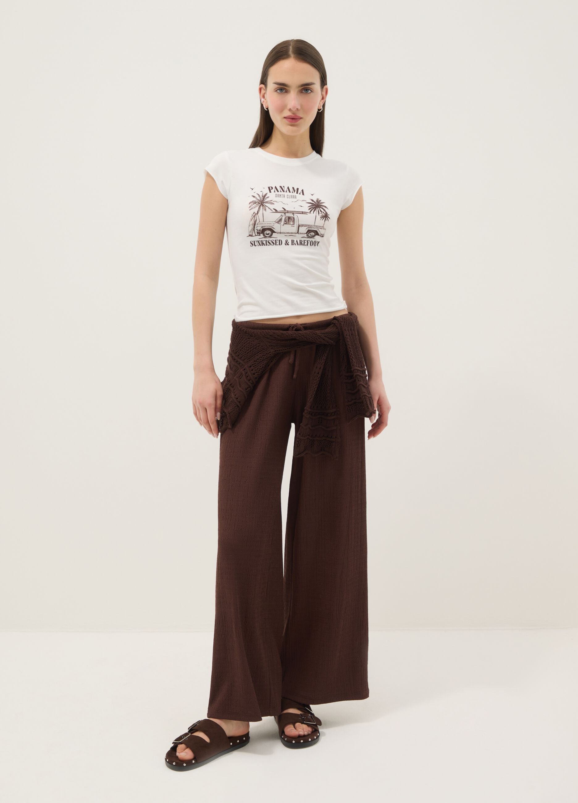 White fitted stretch-cotton T-shirt with print