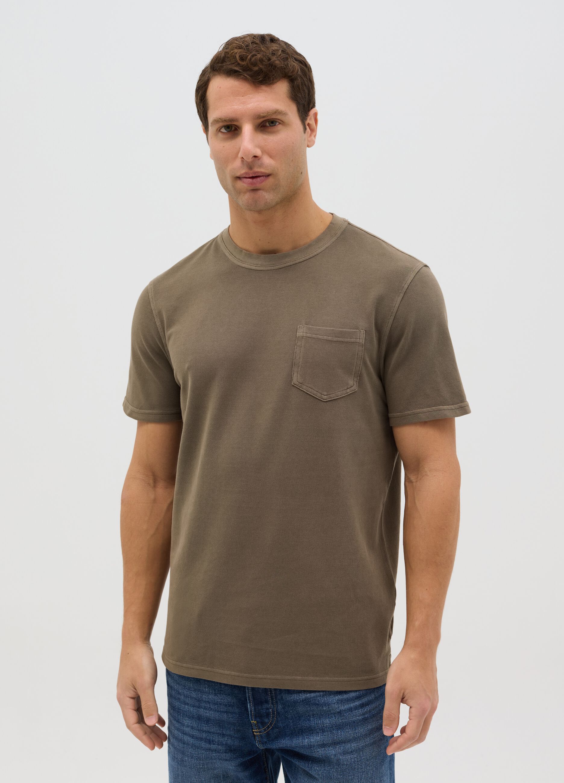 Brown cotton T-shirt with pocket