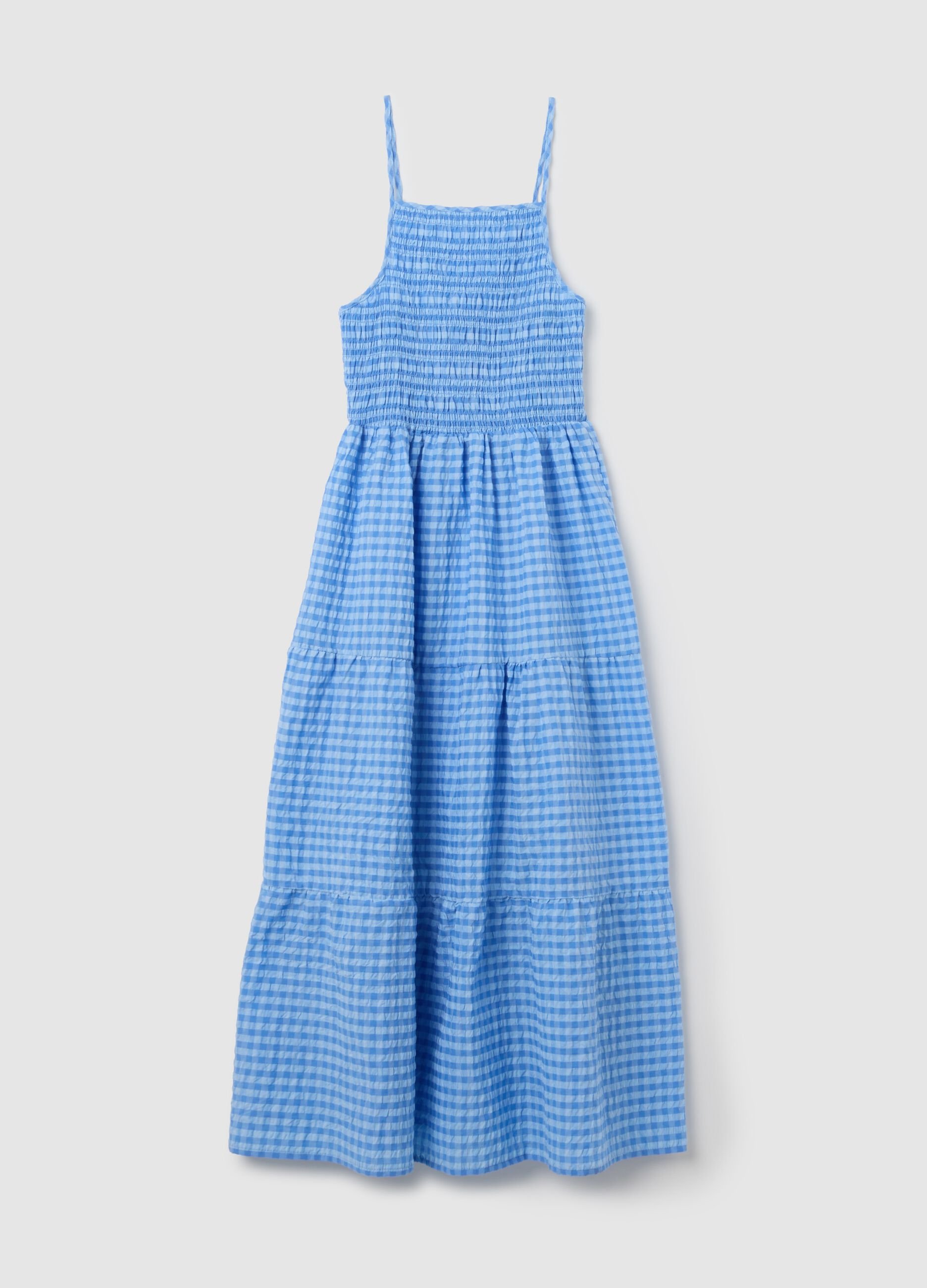 Abito lungo da donna in misto cotone azzurro a quadri wide fit