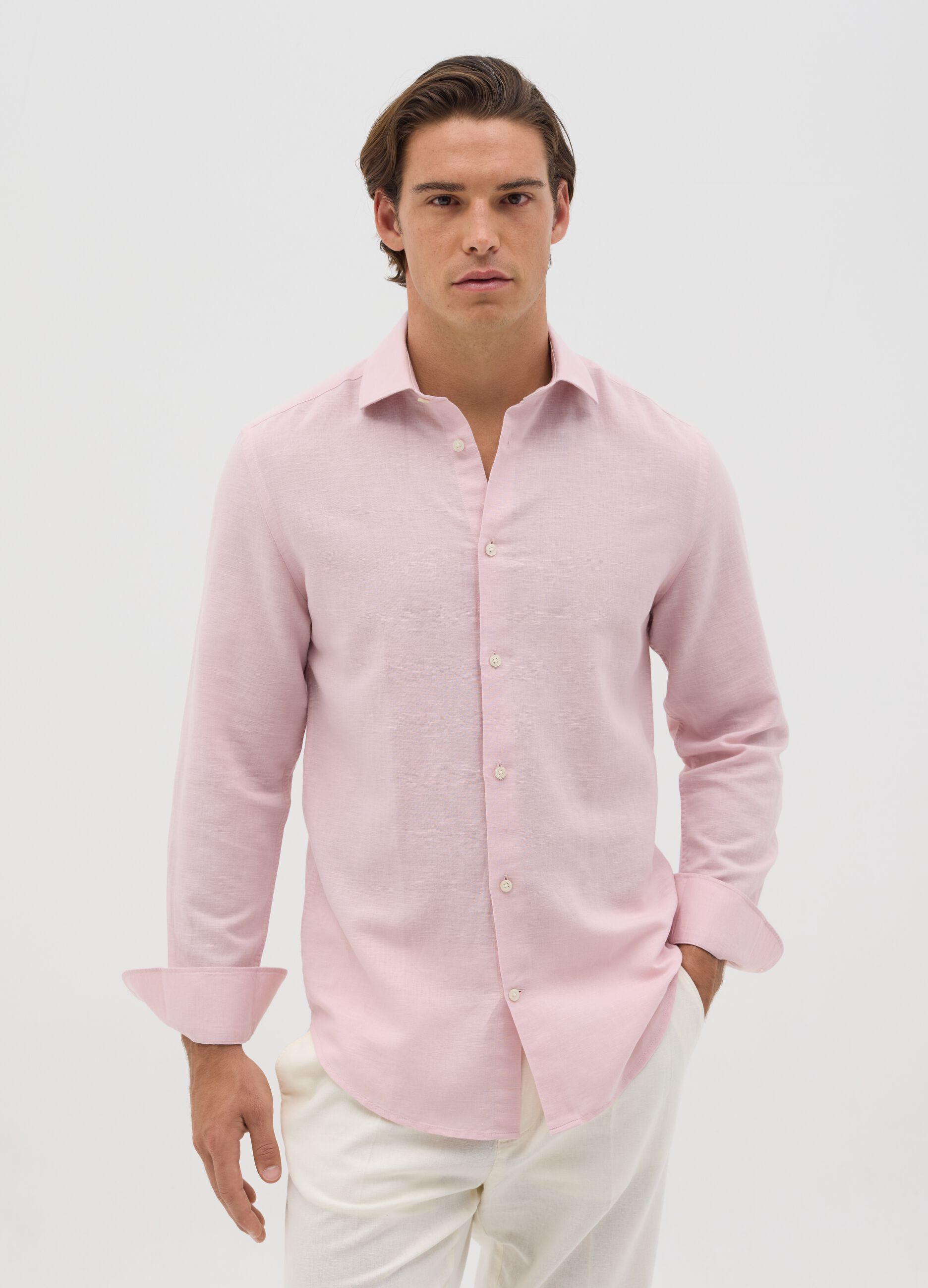 Camicia slim fit in lino e cotone rosa
