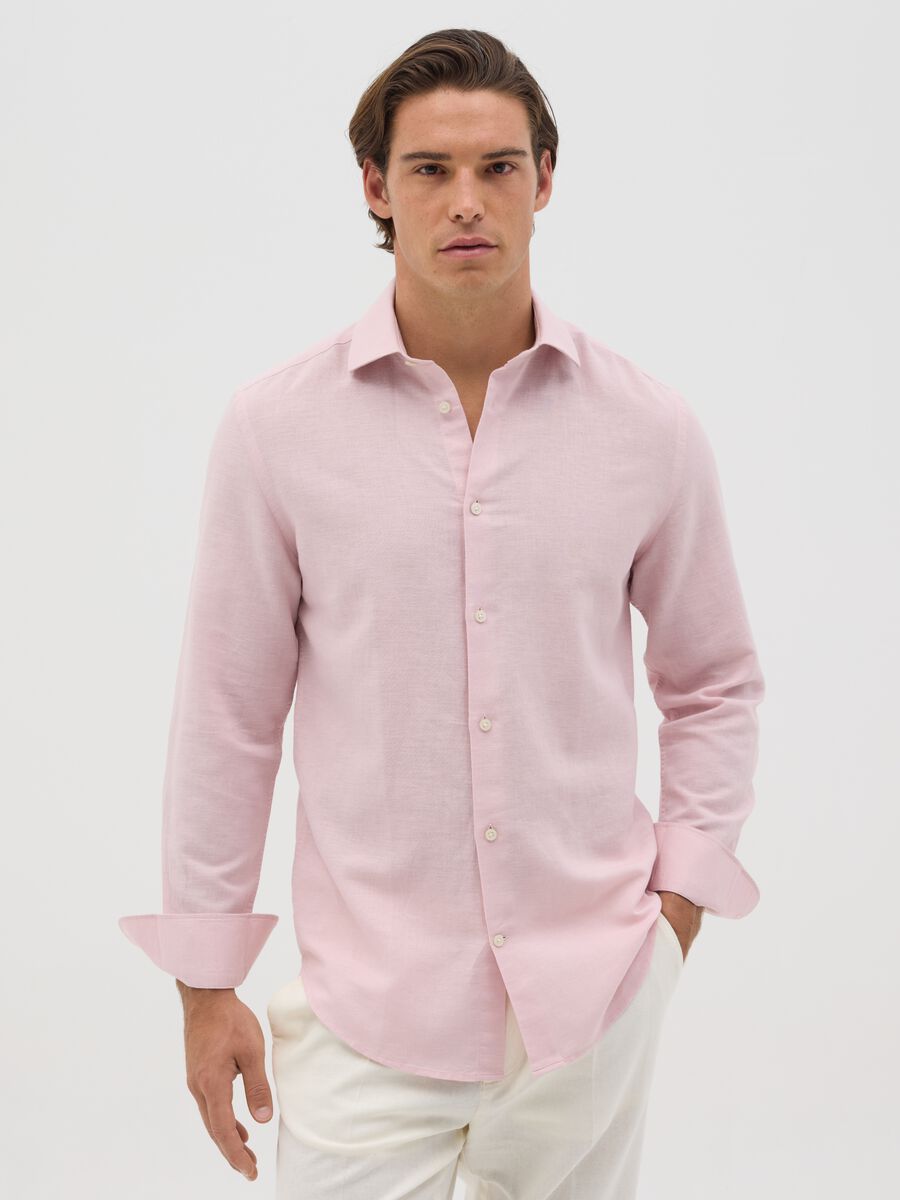 Pink slim-fit shirt in linen and cotton_0