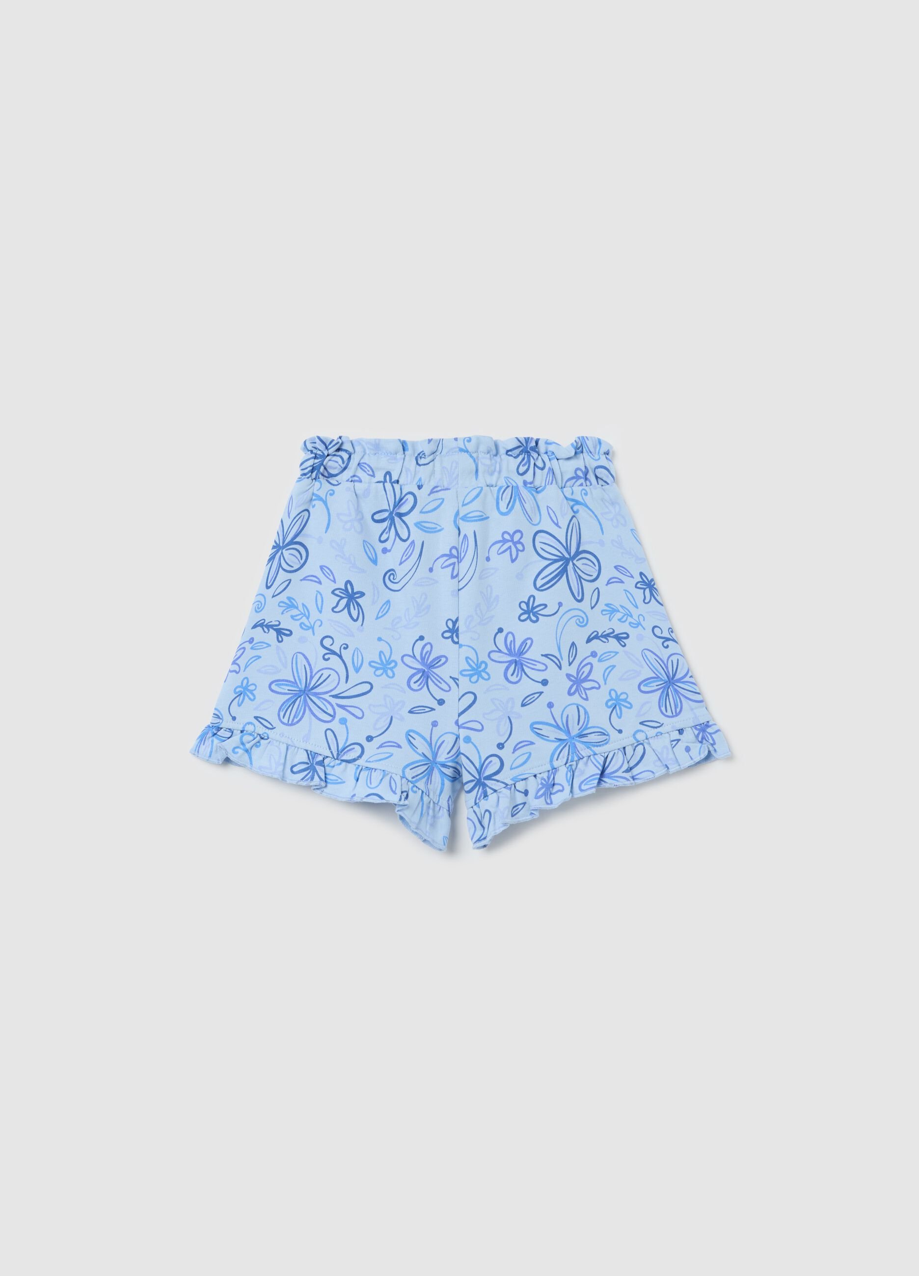 Light blue French terry shorts with drawstring and print