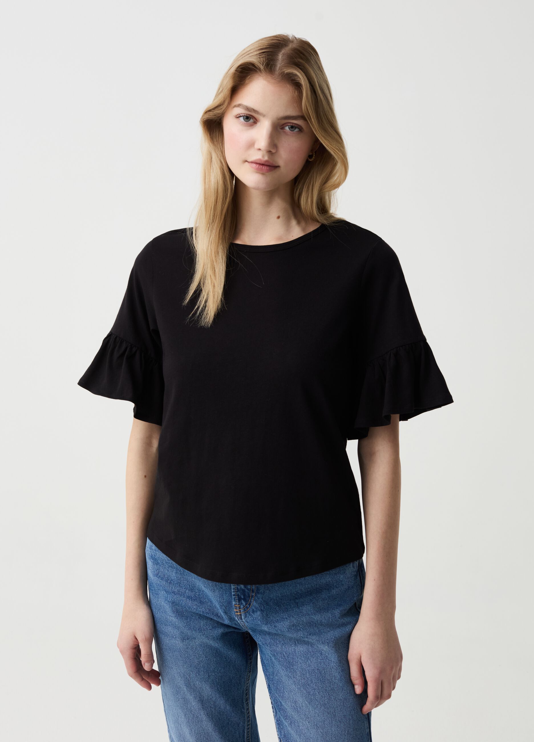 Cotton T-shirt with flounces