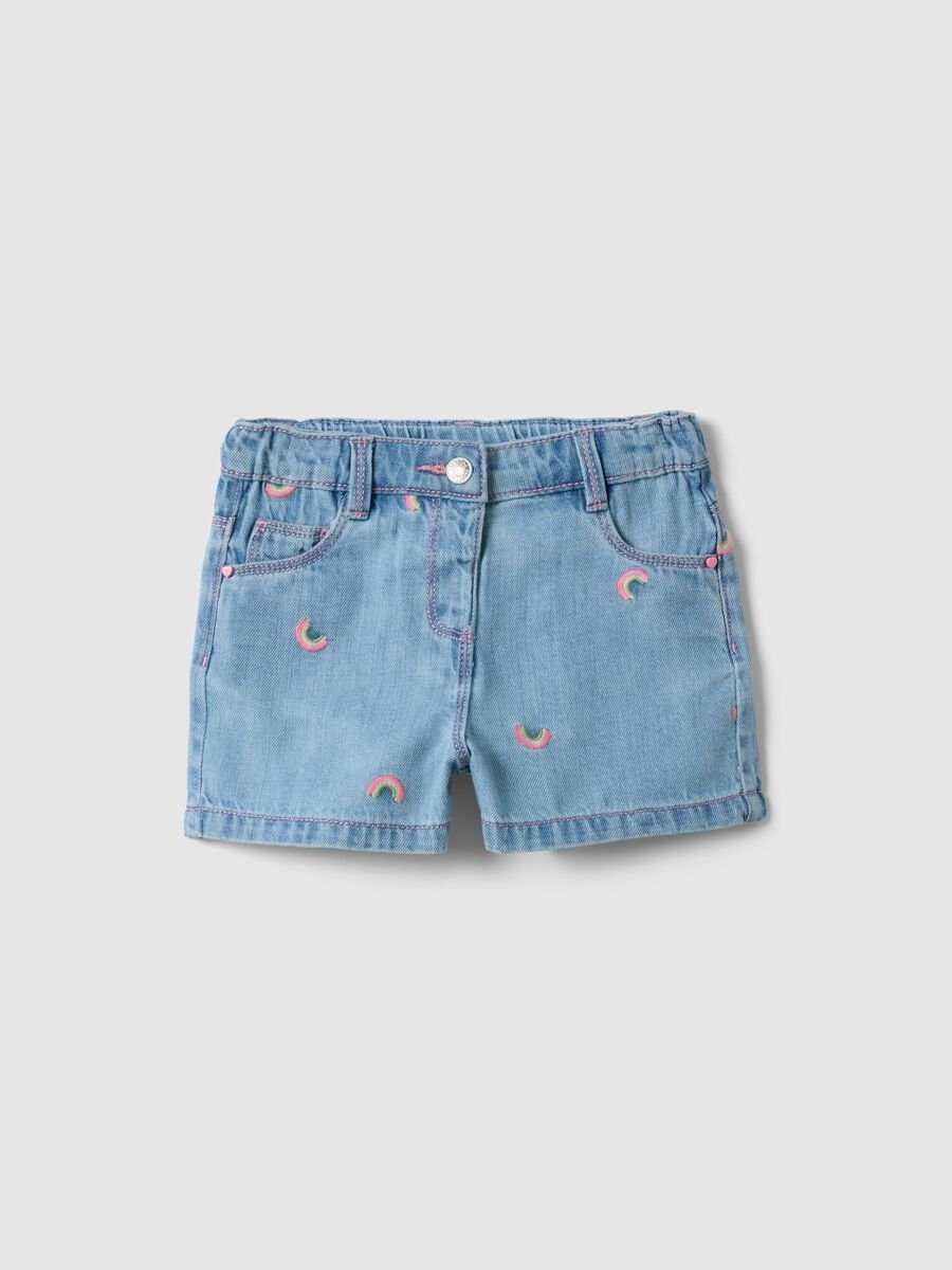 Shorts in misto cotone denim azzurri da bimba regular fit con ricami_0