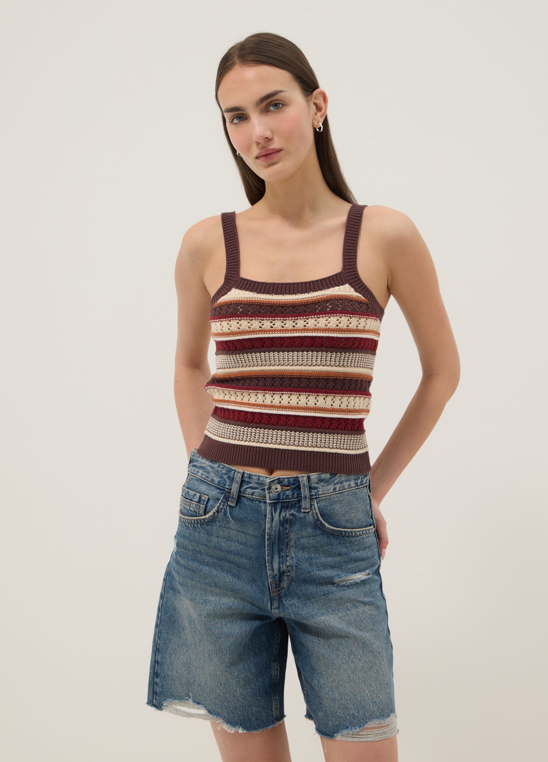 Fitted multicolour striped pure cotton vest with thin straps