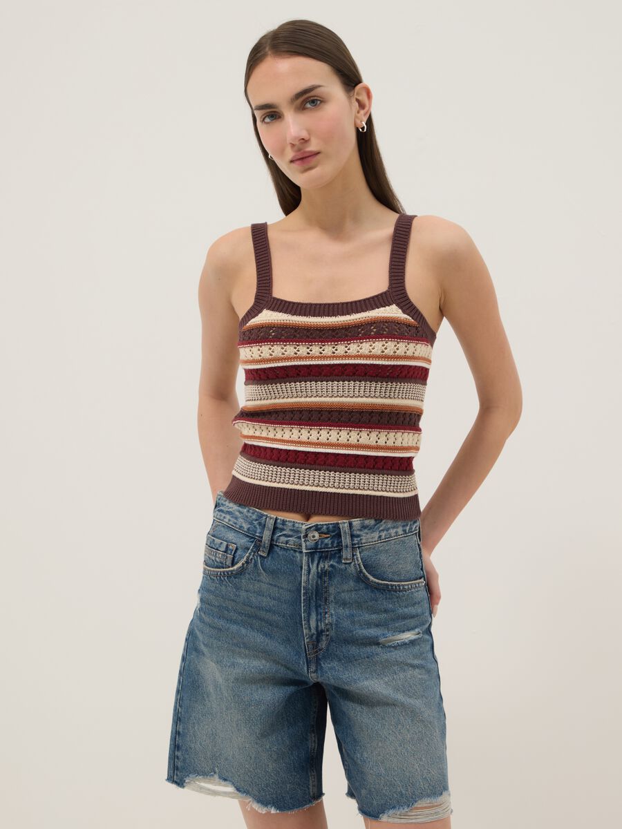 Gilet fitted in puro cotone a righe multicolor con bretelle sottili_2