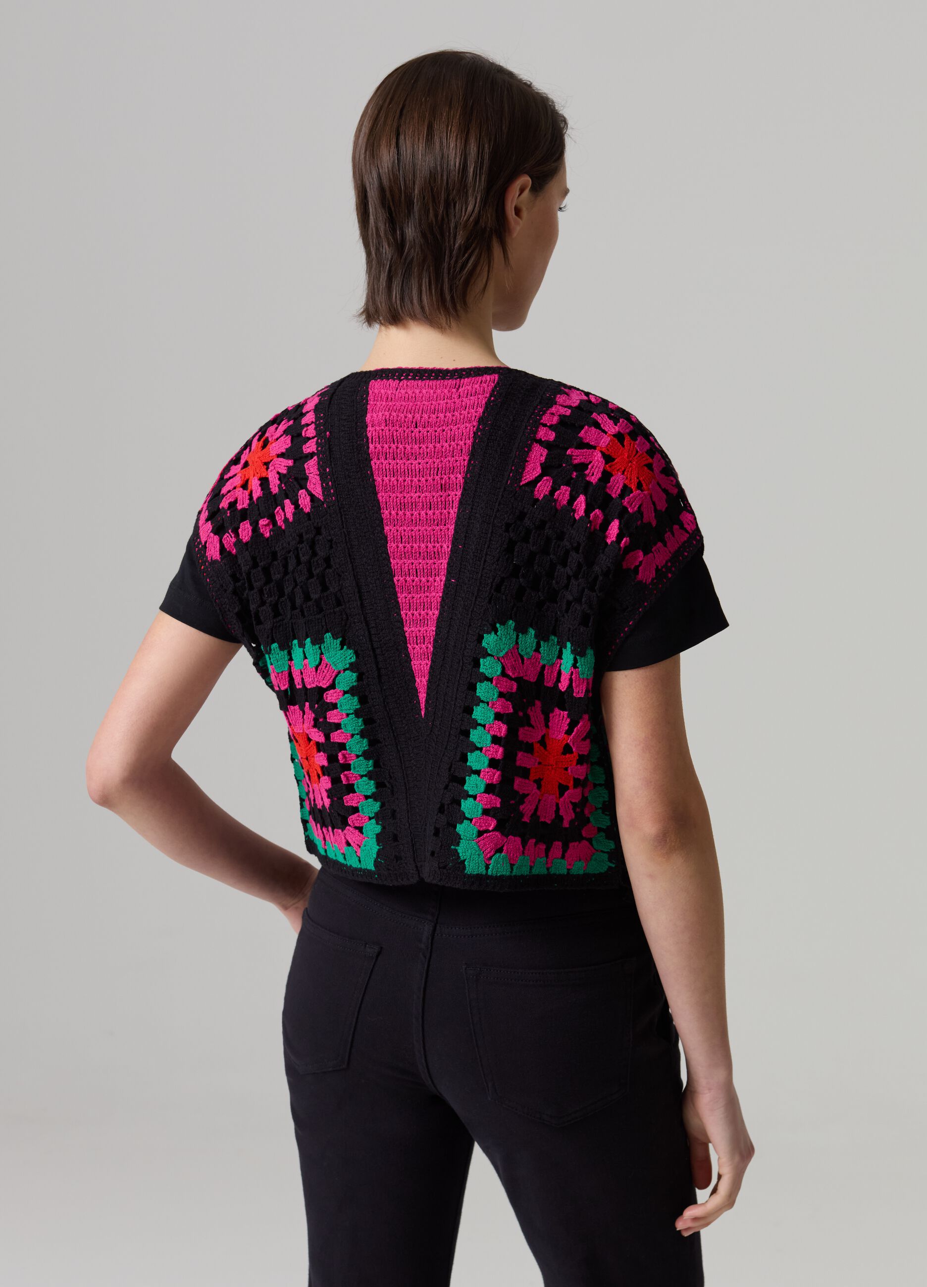 Open multicoloured crochet gilet