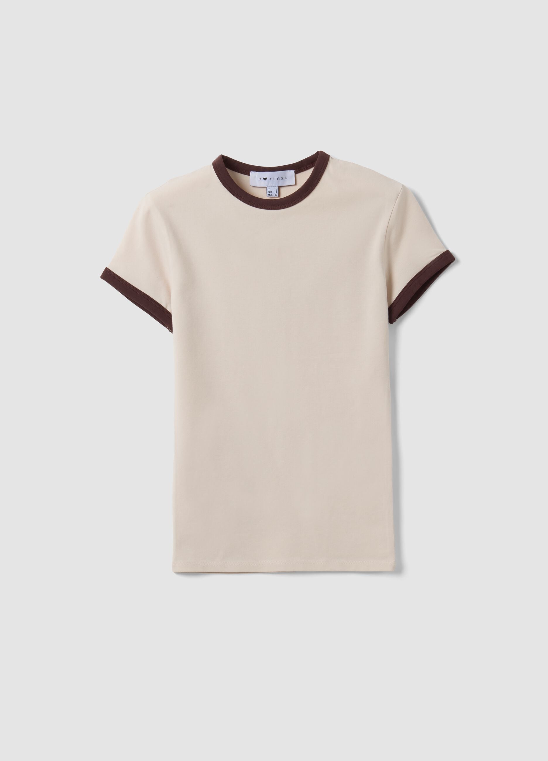 Beige fitted stretch cotton T-shirt with contrast trims