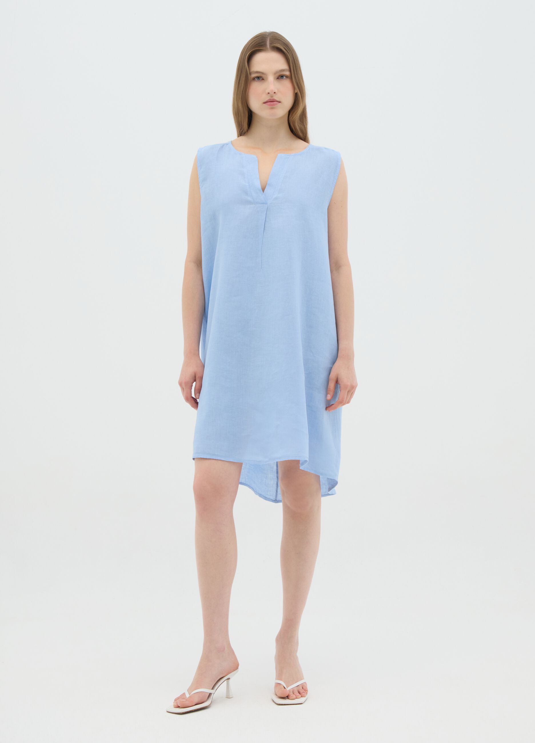 Women's dress in pure azure linen regular fit