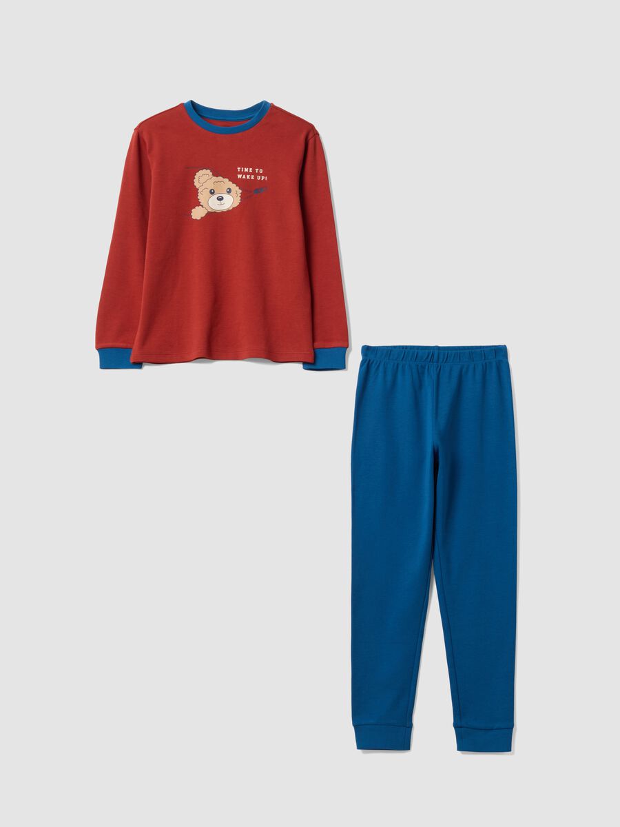 Pigiama rosso in puro cotone organico con girocollo e stampa teddy_0