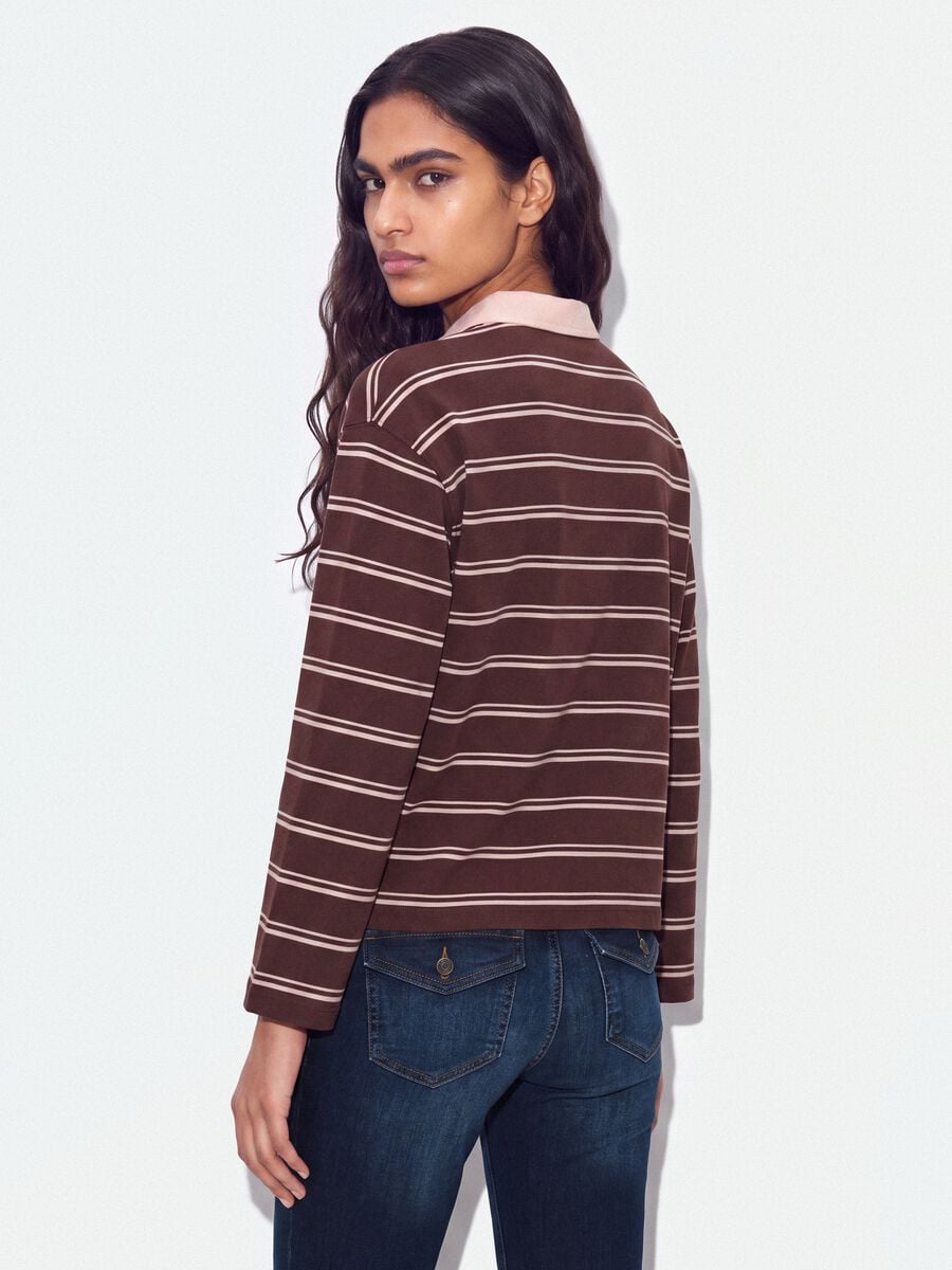 Polo marrone in puro cotone a righe maniche lunghe regular fit_0