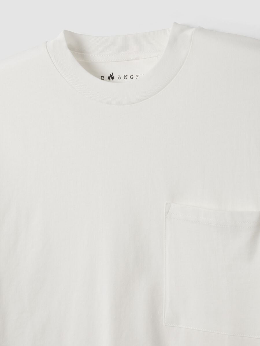 T-shirt bianca in puro cotone girocollo con taschino boxy fit_5