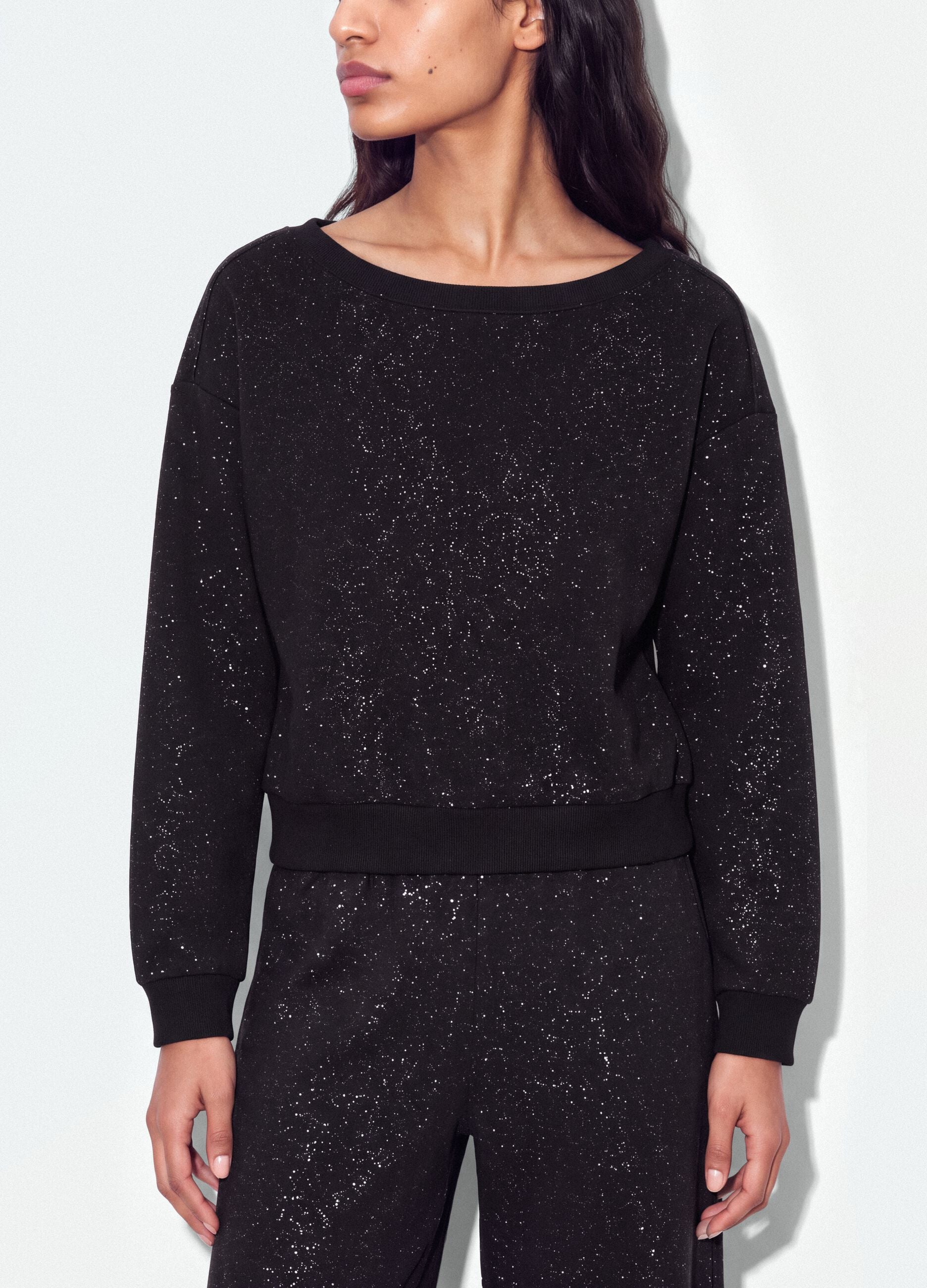 Black cotton-blend sweatshirt with bateau neckline and glitter