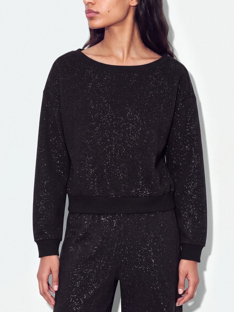 Black cotton-blend sweatshirt with bateau neckline and glitter_2