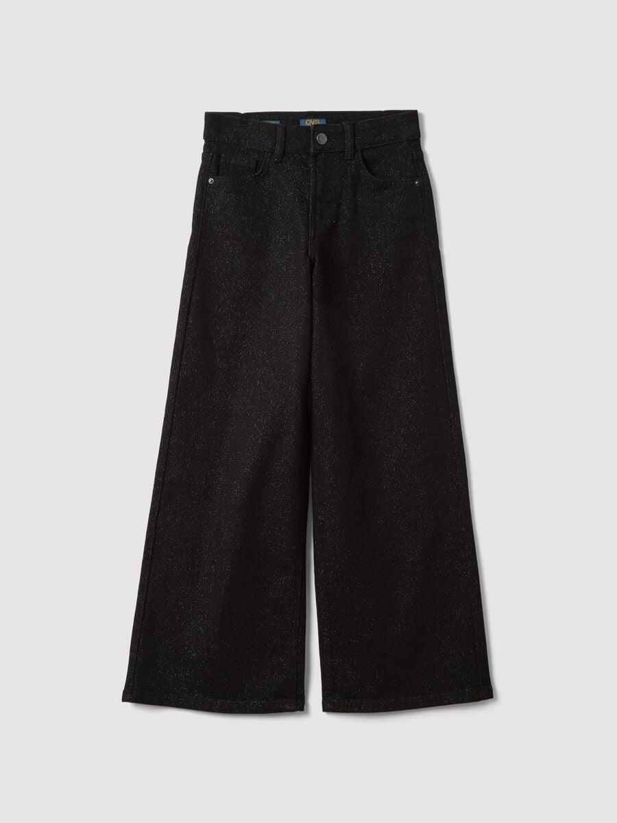 Pantaloni neri glitter in misto cotone e viscosa elasticizzata wide leg_0