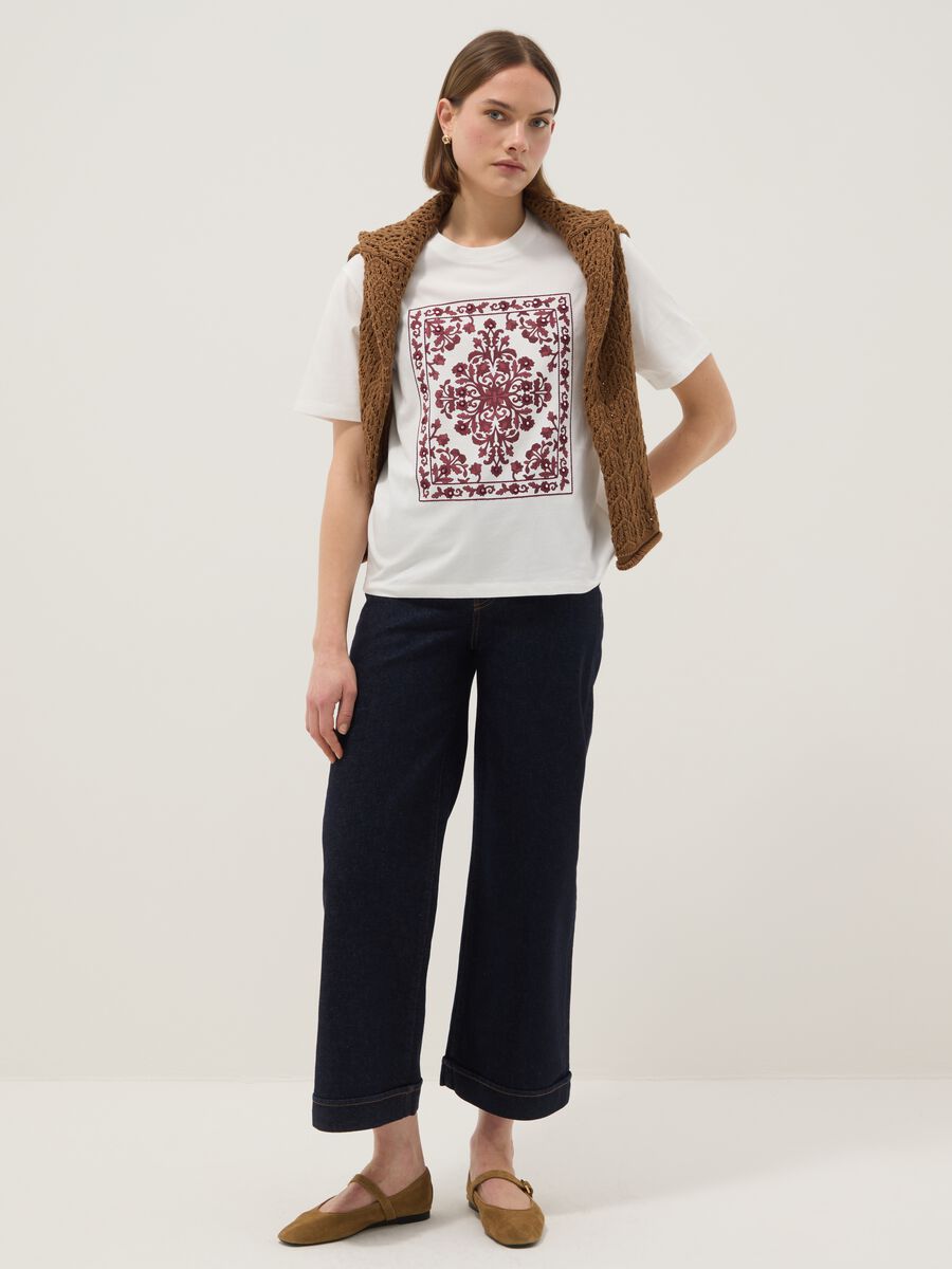 White short sleeve pure cotton regular fit T-shirt with decorations_2