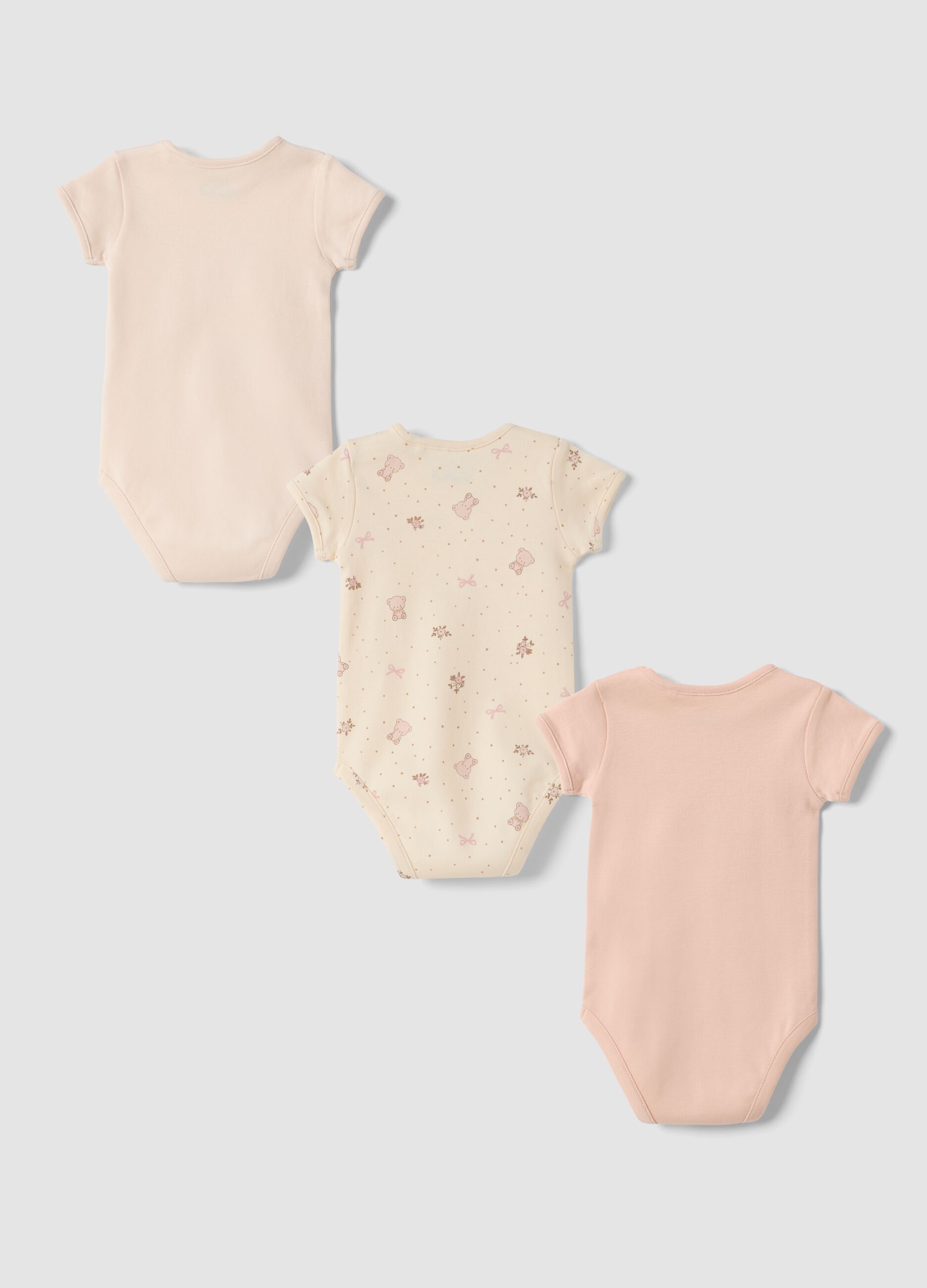 Tripack body rosa e beige in puro cotone organico con fantasia