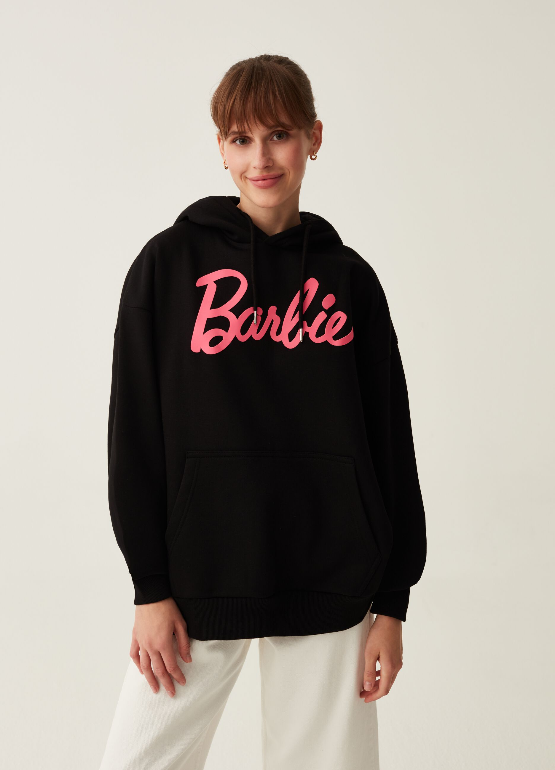 Felpa oversize con cappuccio stampa Barbie
