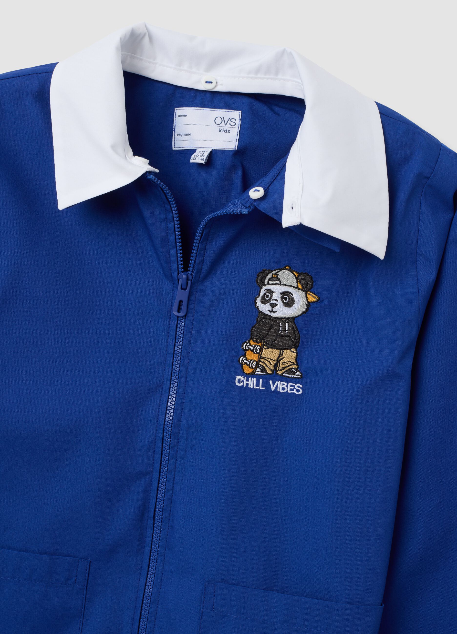Blue school smock with zip and panda embroidery for boys