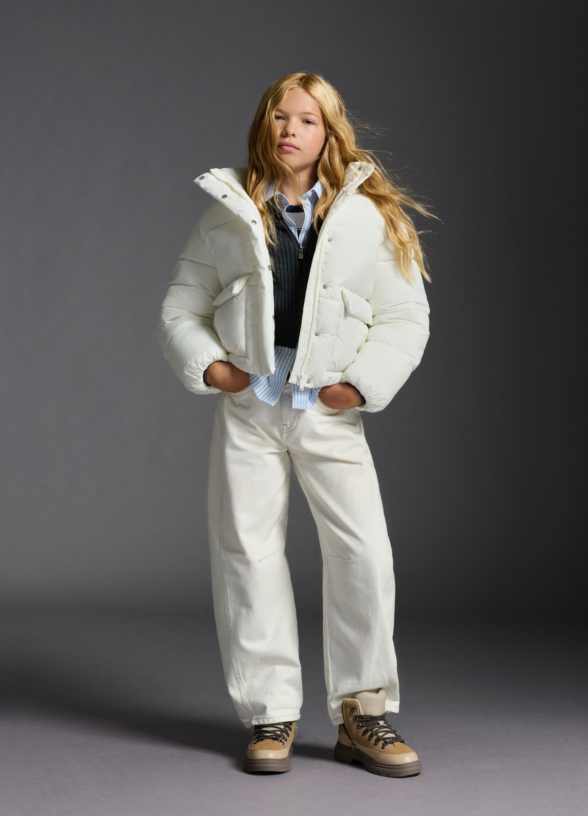 White Iconic Puffer Girls' Jacket with Hood
