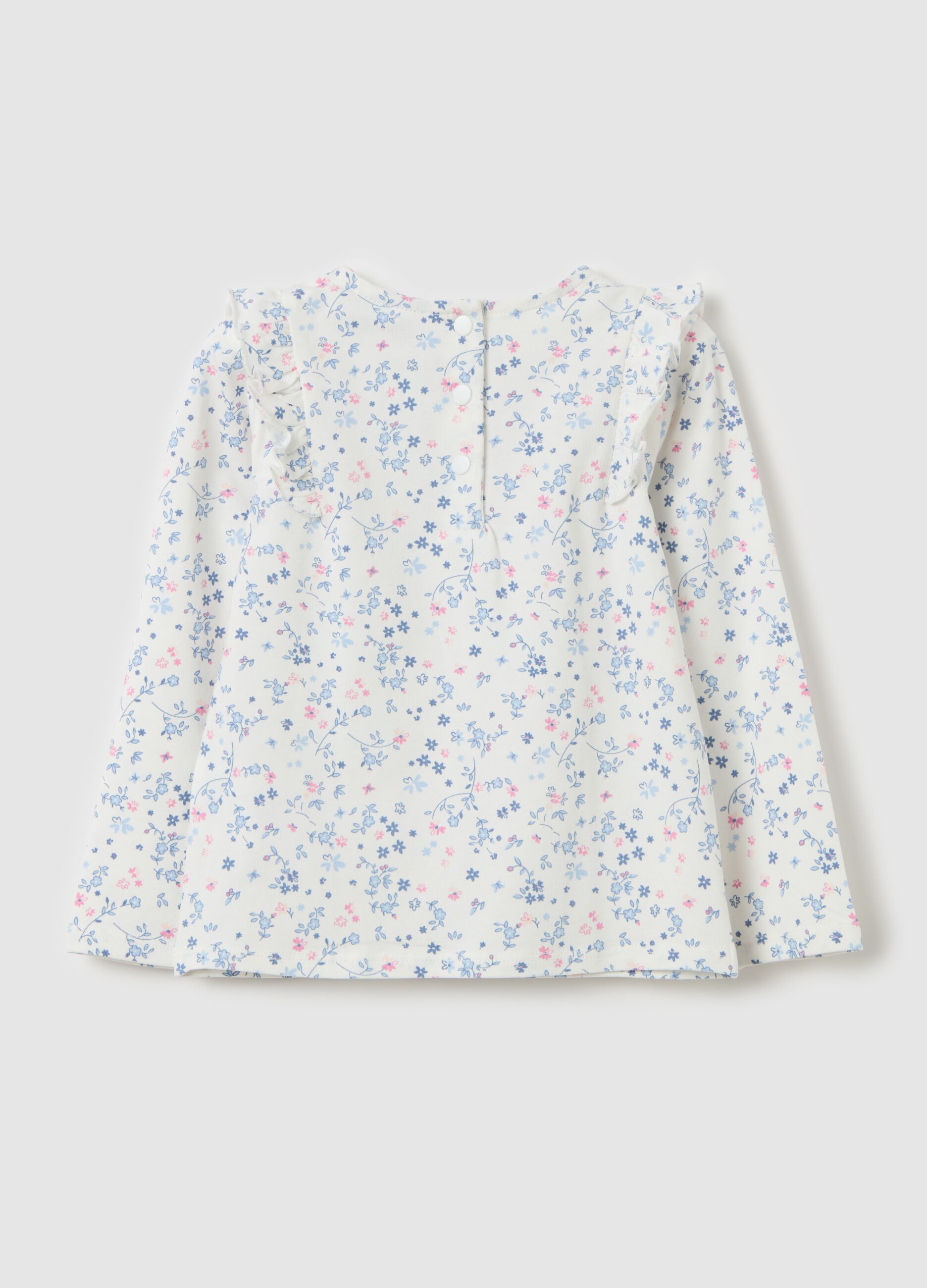 Long-sleeved floral T-shirt with ruffles