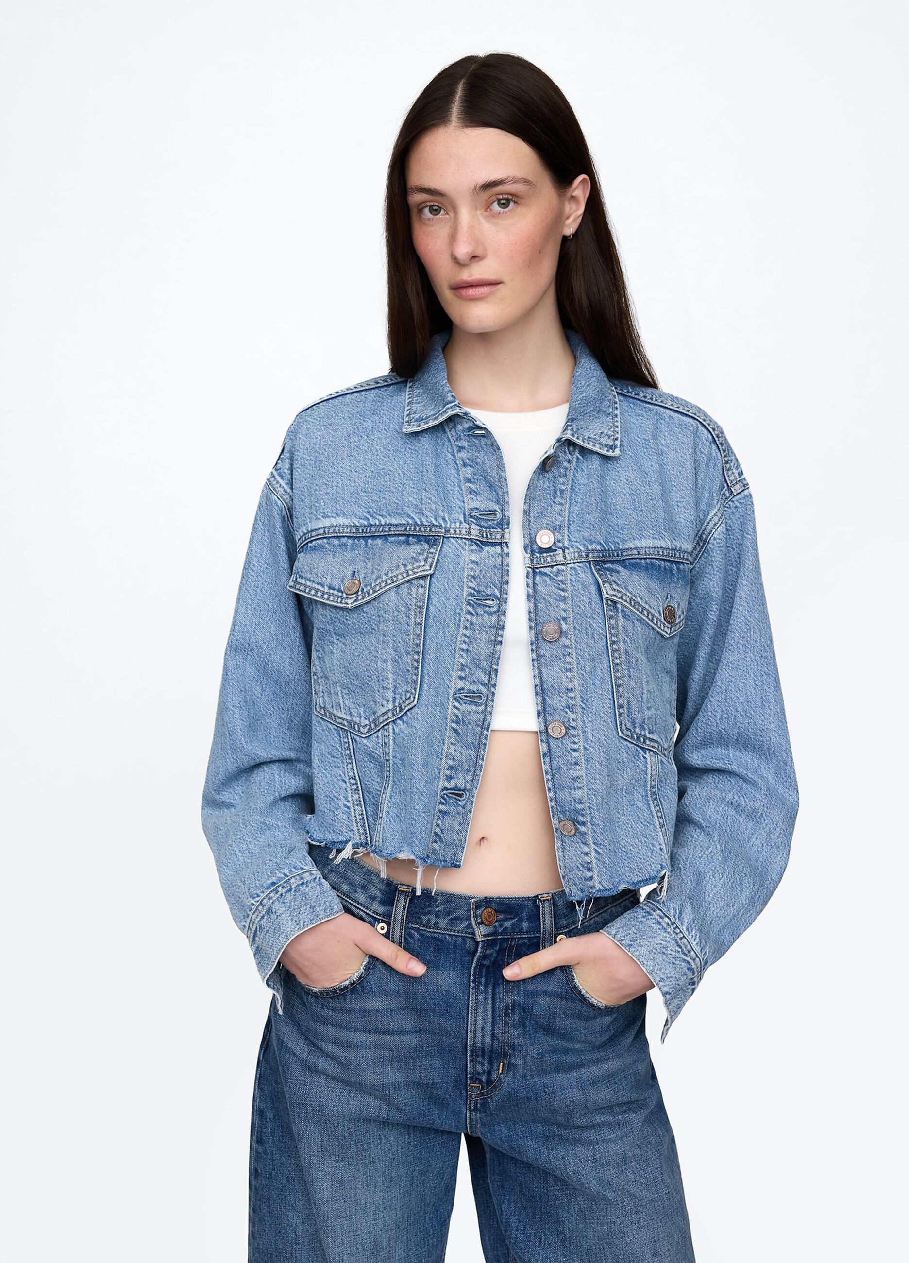Cropped denim jacket with frayed edges