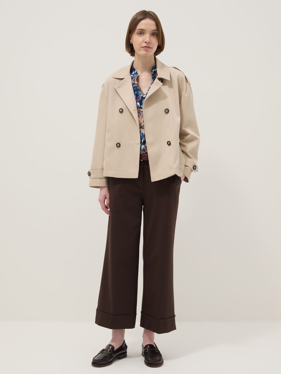 Pantaloni wide leg in misto cotone elasticizzato marroni regular fit_0