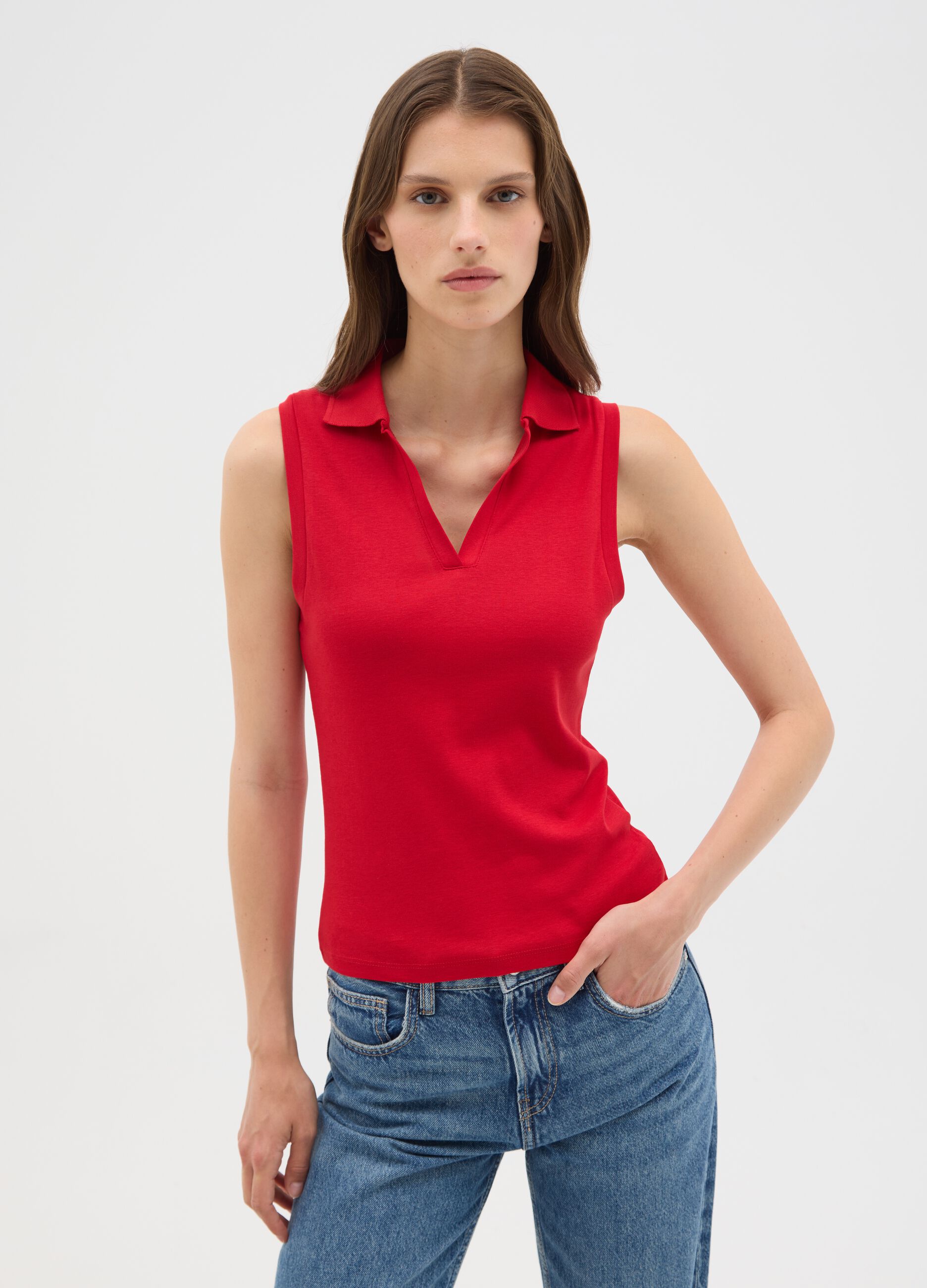 Women's Sleeveless Red Cotton Top in Slim Fit