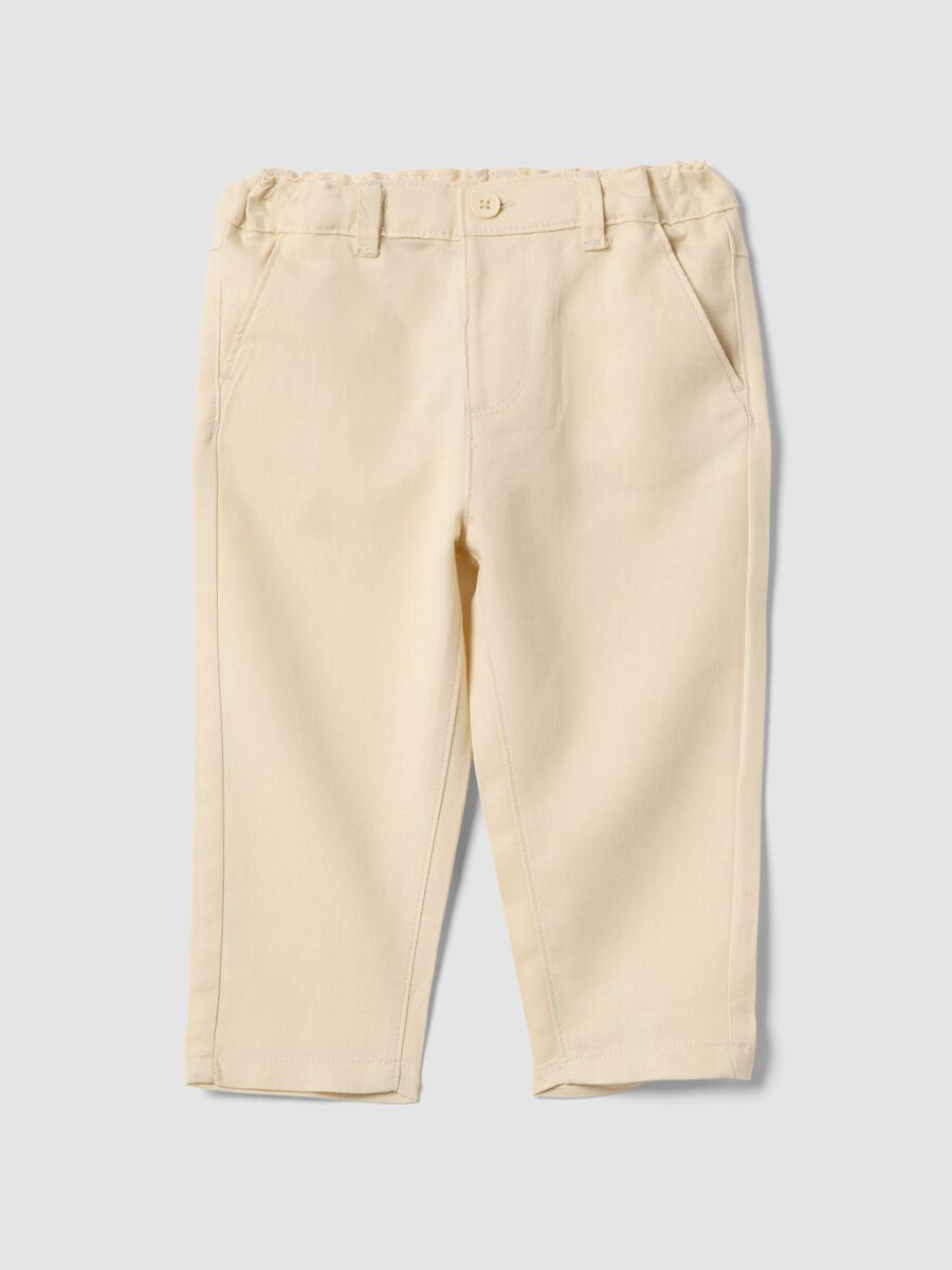 Beige linen and cotton blend chino trousers for toddler with regular fit_0