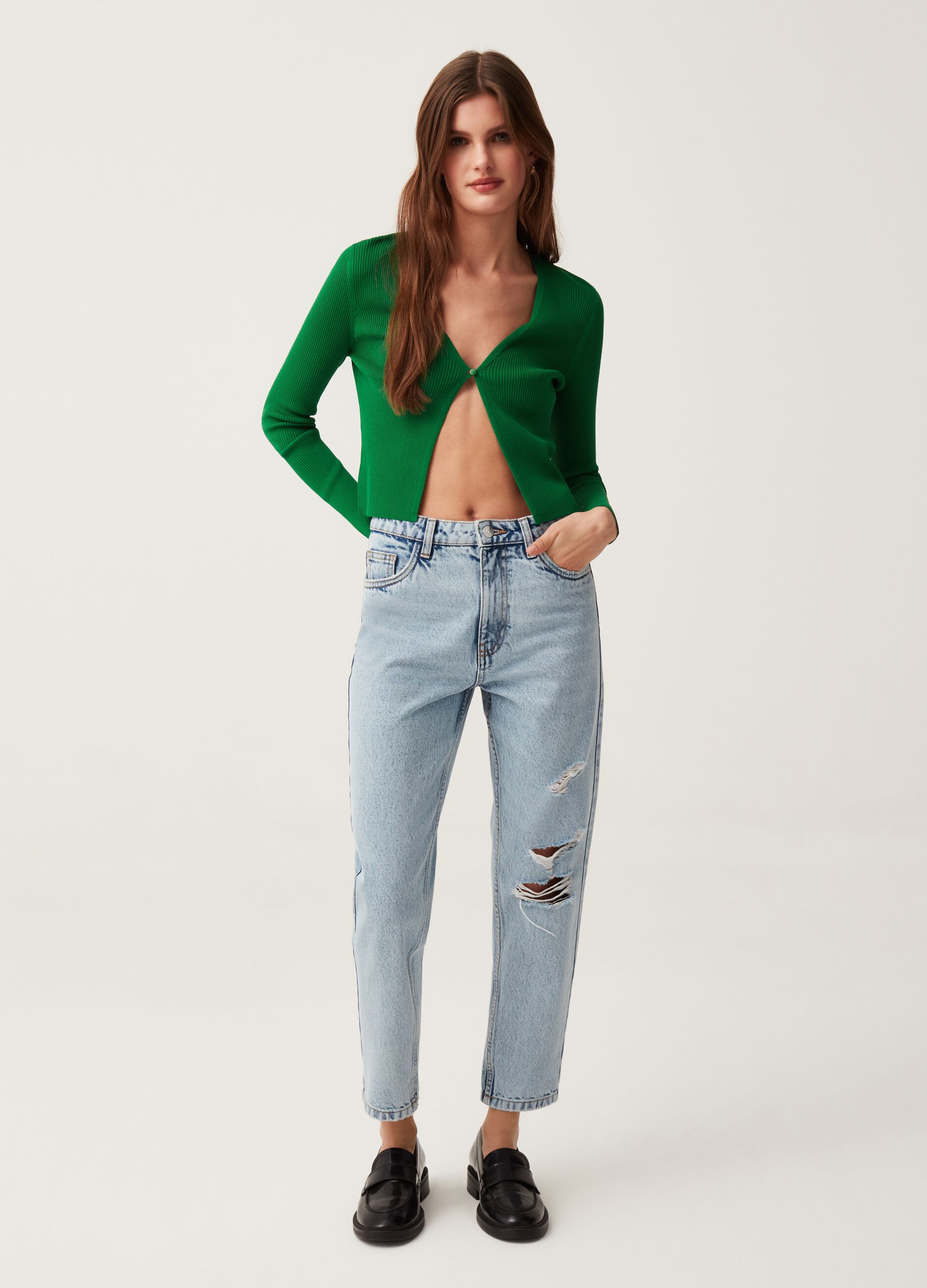 Cardigan a costine con bottone_1