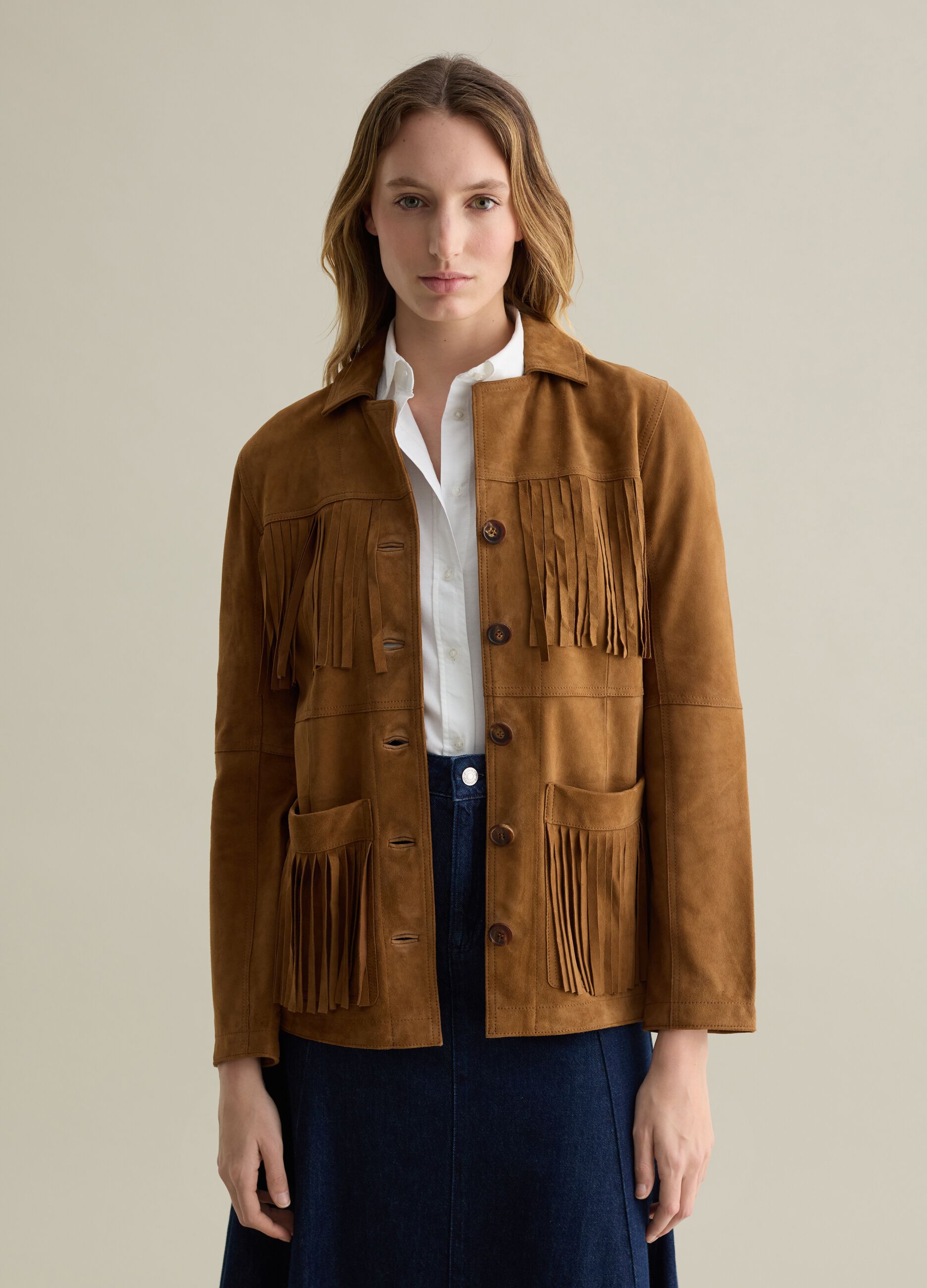 Giacca sahariana cammello in vera pelle con frange