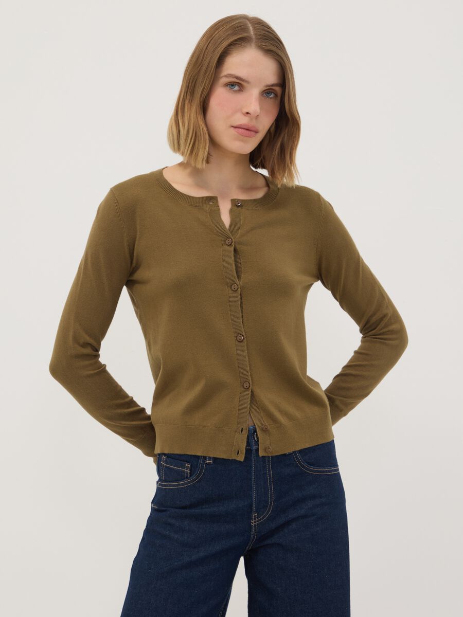 Green viscose-blend crew-neck cardigan, regular fit_0