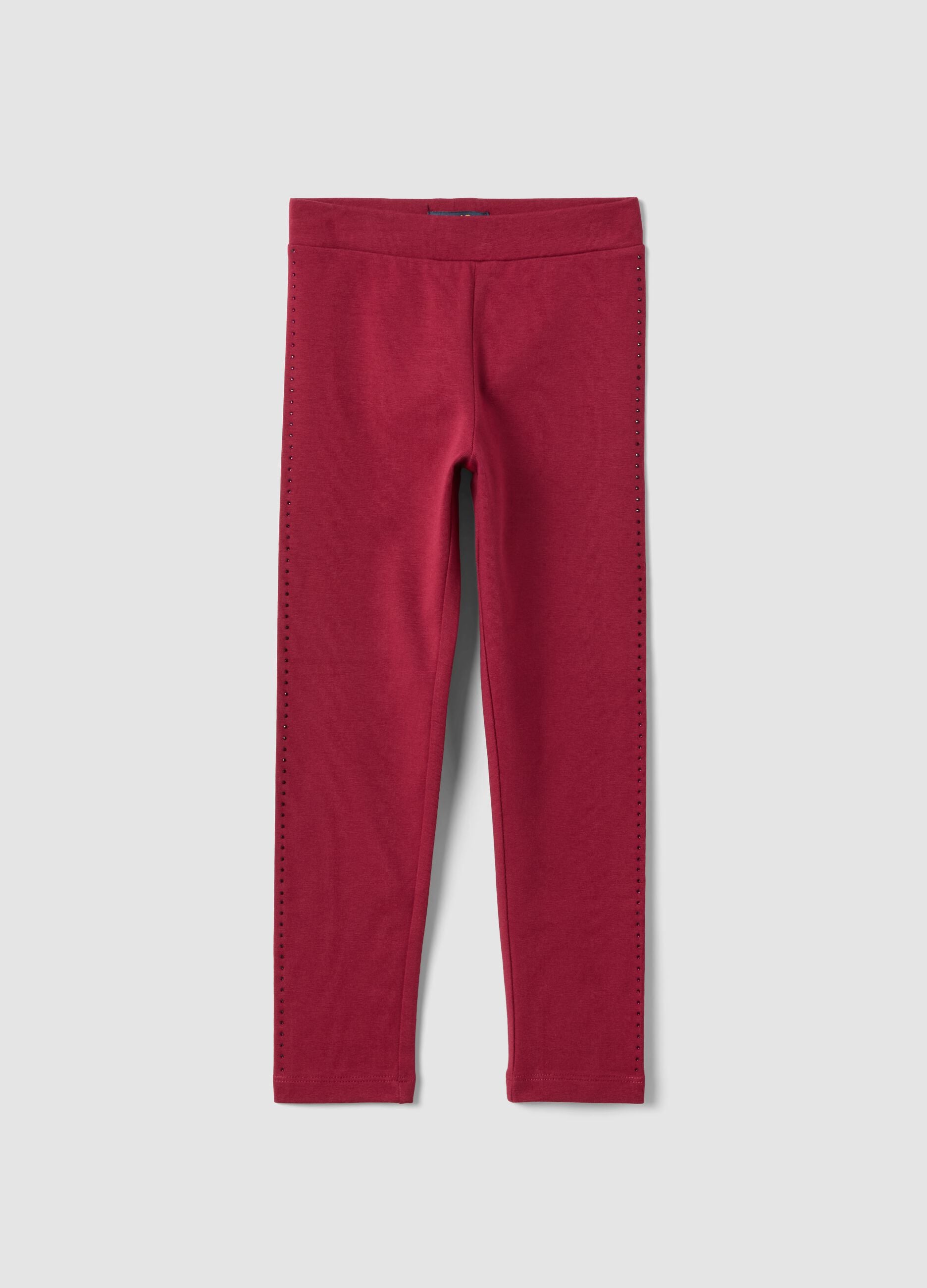 Girls&rsquo; red stretch organic cotton leggings with rhinestones