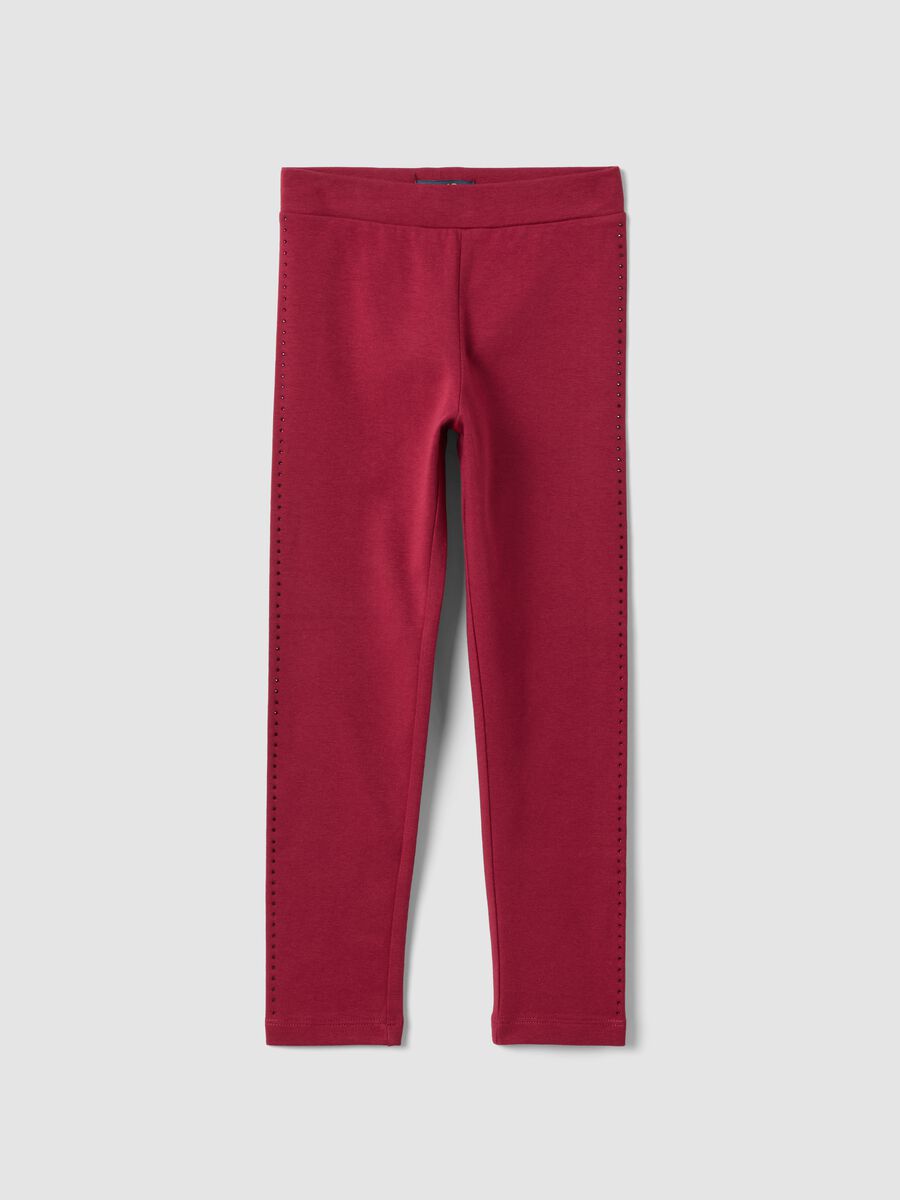 Leggings rossi in cotone organico elasticizzato con strass per bambina_0