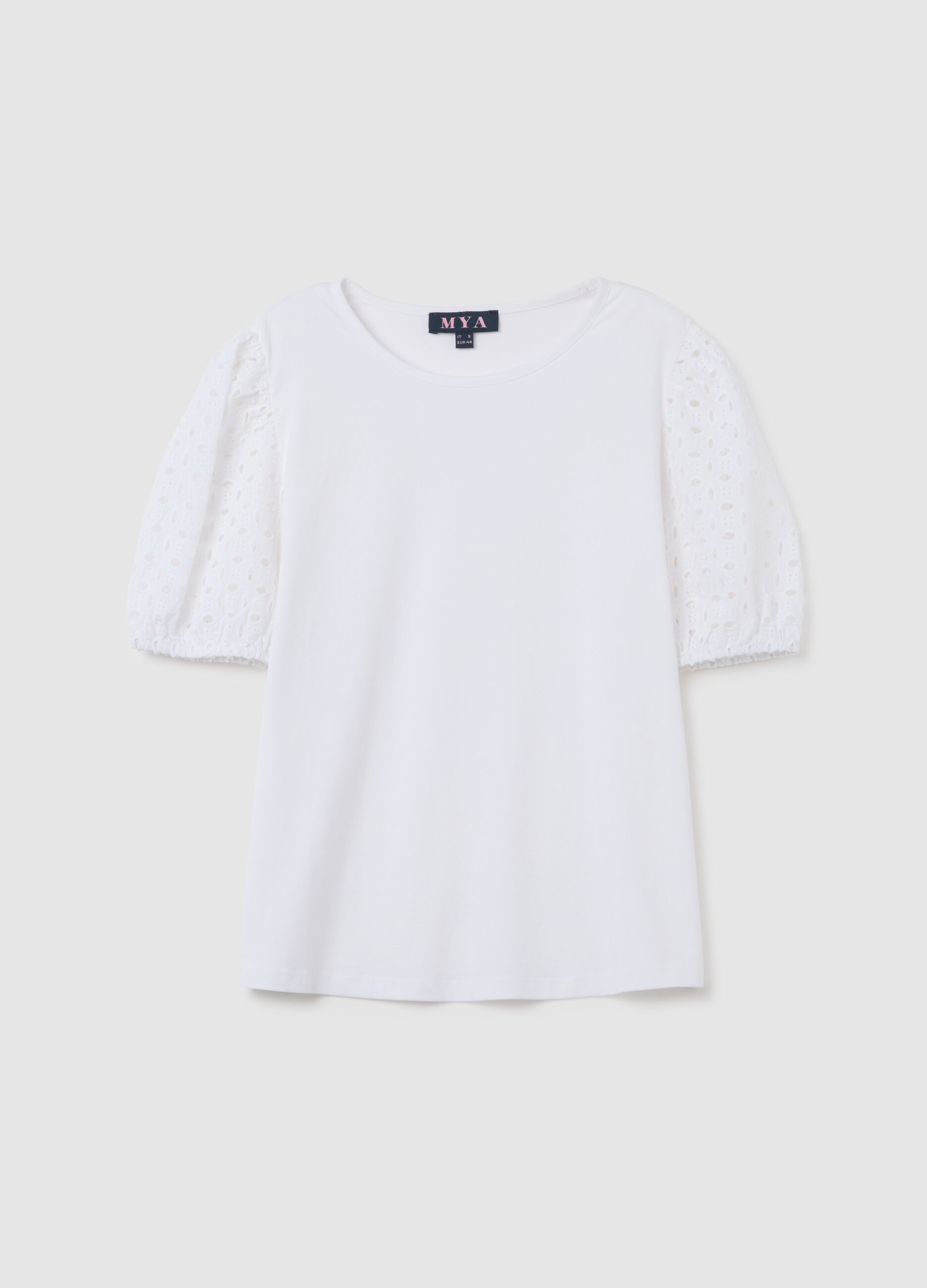 T-shirt da donna in cotone elasticizzato bianca regular fit con maniche a palloncino