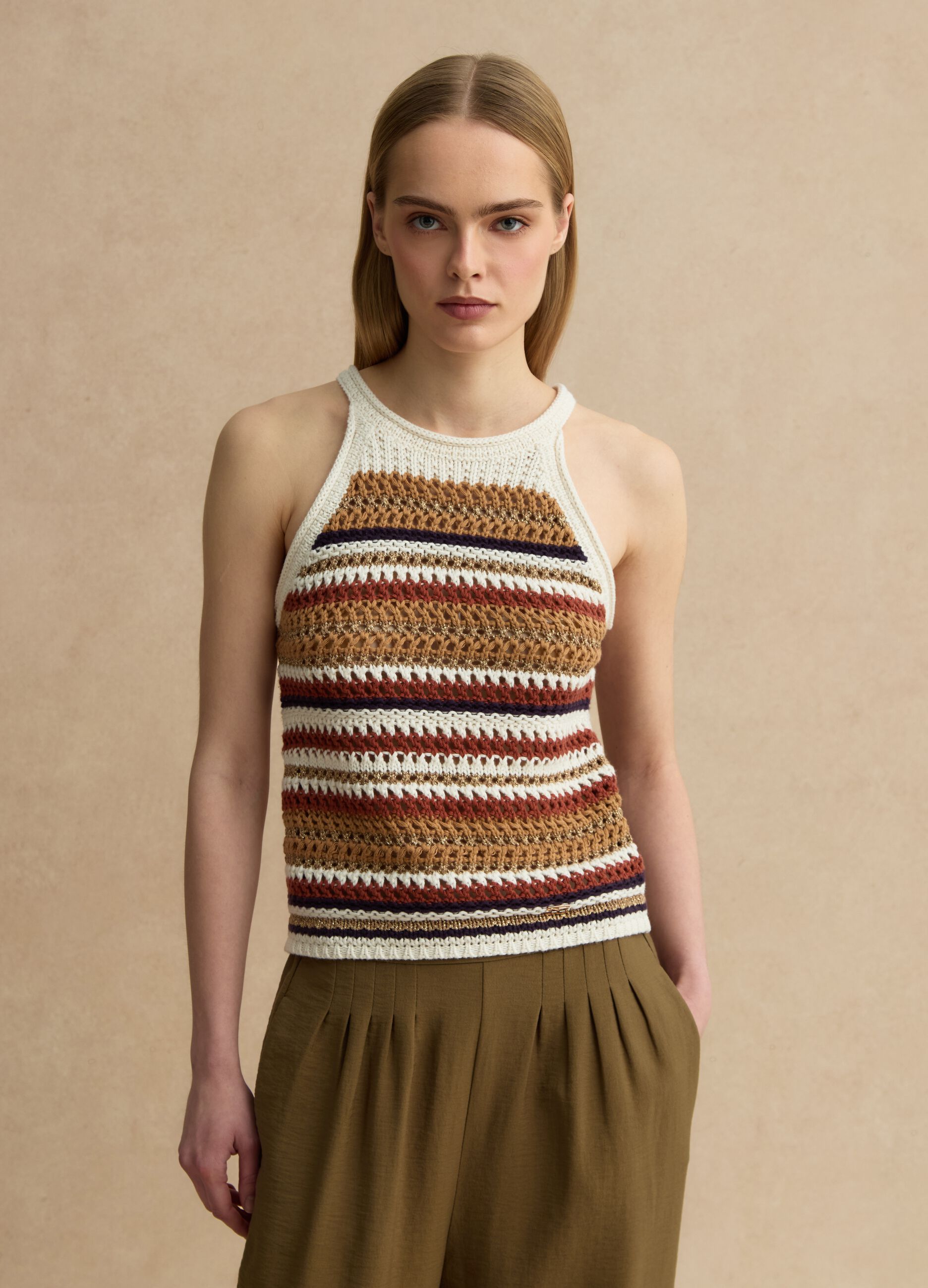 Multicolour striped fitted knitted cotton-blend top