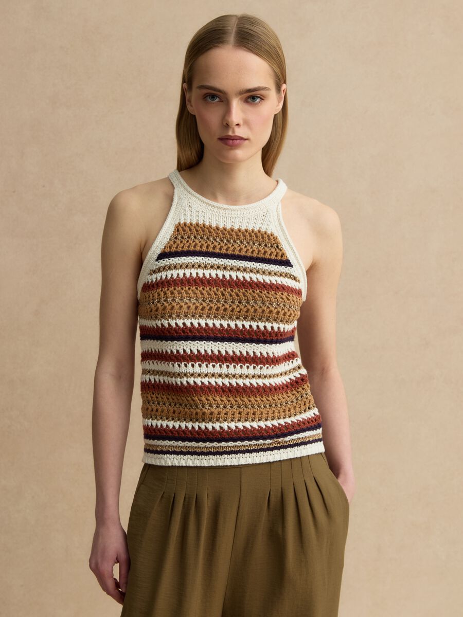 Top fitted a righe multicolor in misto cotone lavorato a maglia_1