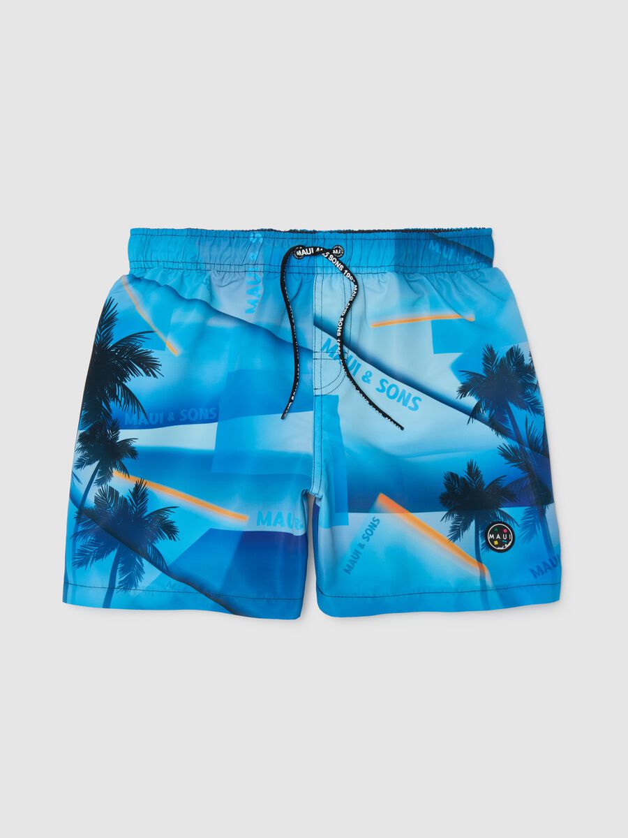 Boys' multicolour swim shorts, regular fit, with palm print_0