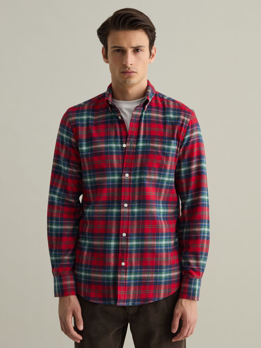 Flannel shirt with check pattern and button-down collar_0