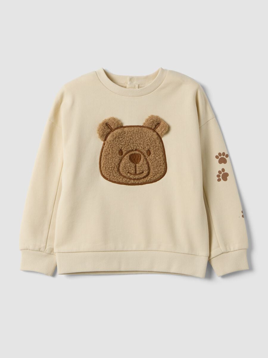 Felpa beige in puro cotone con girocollo e orsetto_0
