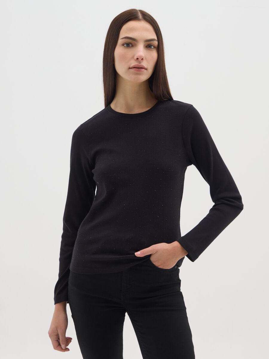 Black long sleeve shirt in pure cotton regular fit with rhinestones_0