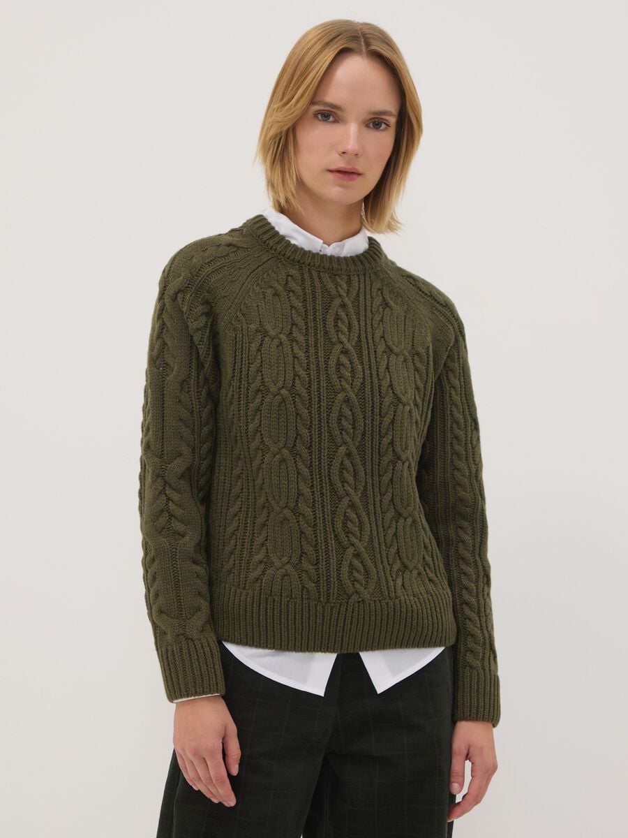 Green cable-knit wool-blend crew neck jumper_1