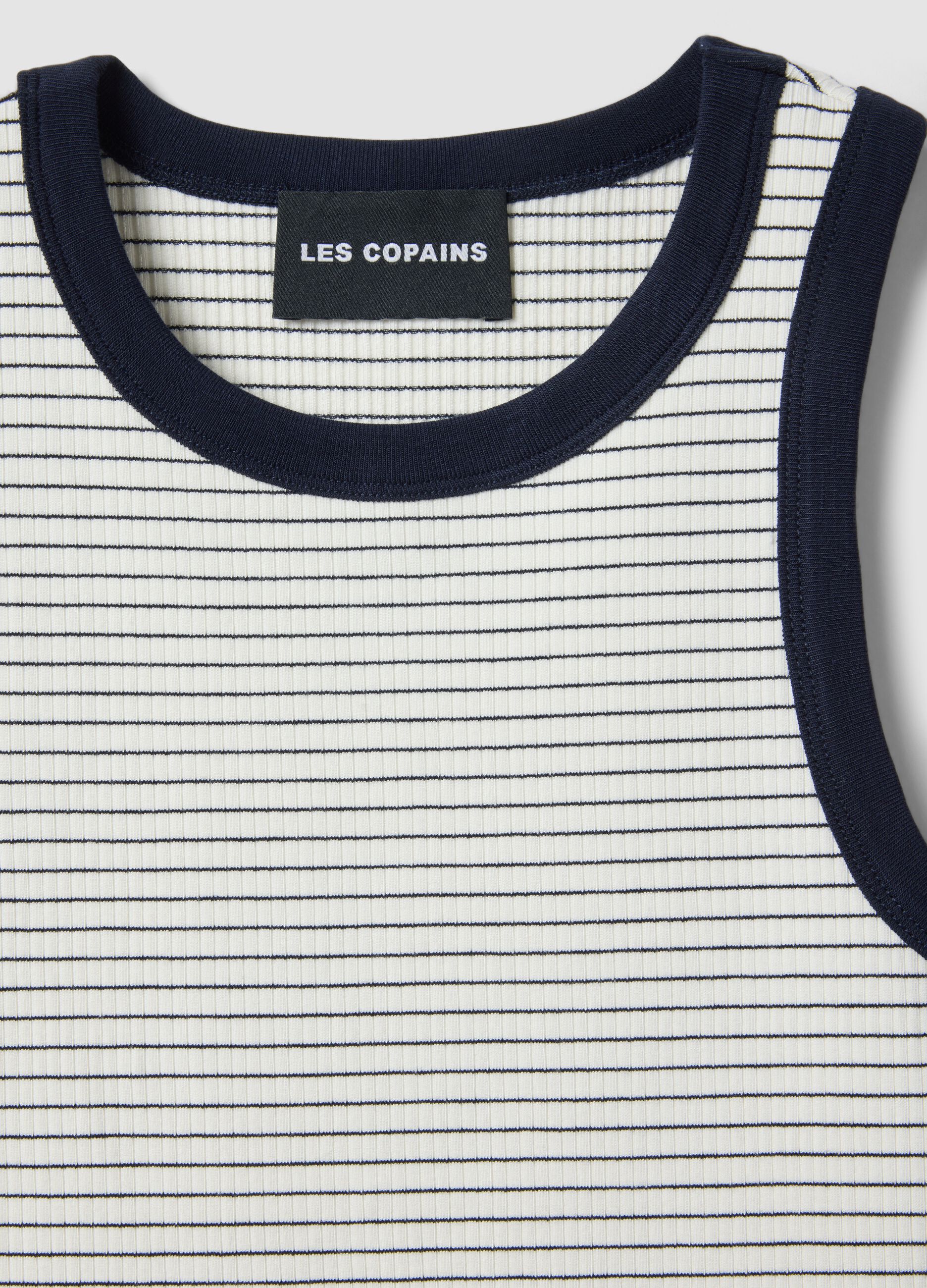 White stretch viscose tank top with blue detailing, regular fit