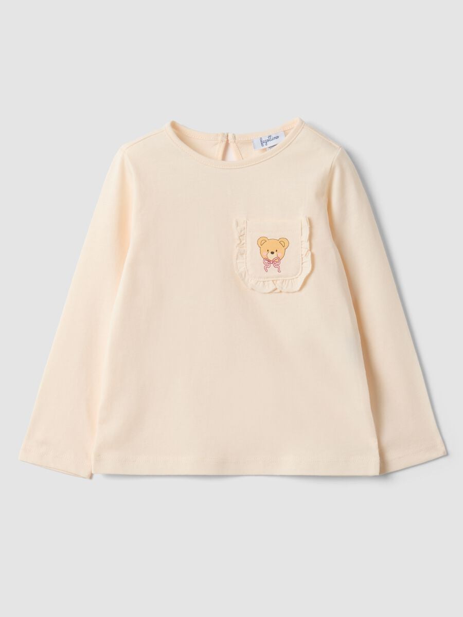 Maglietta beige in puro cotone organico con stampa orsetto per bimba_0