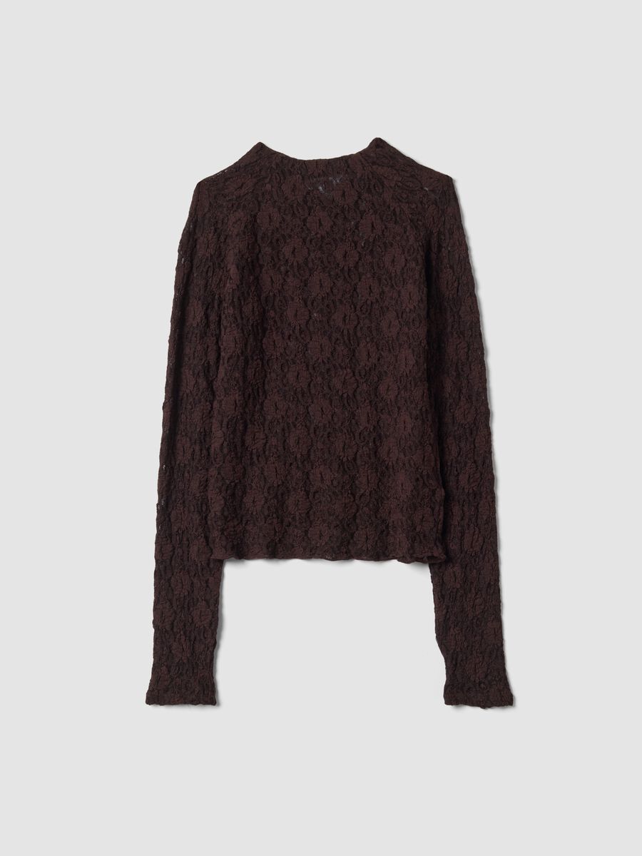 Brown perforated stretch-fabric T-shirt with raised collar_0
