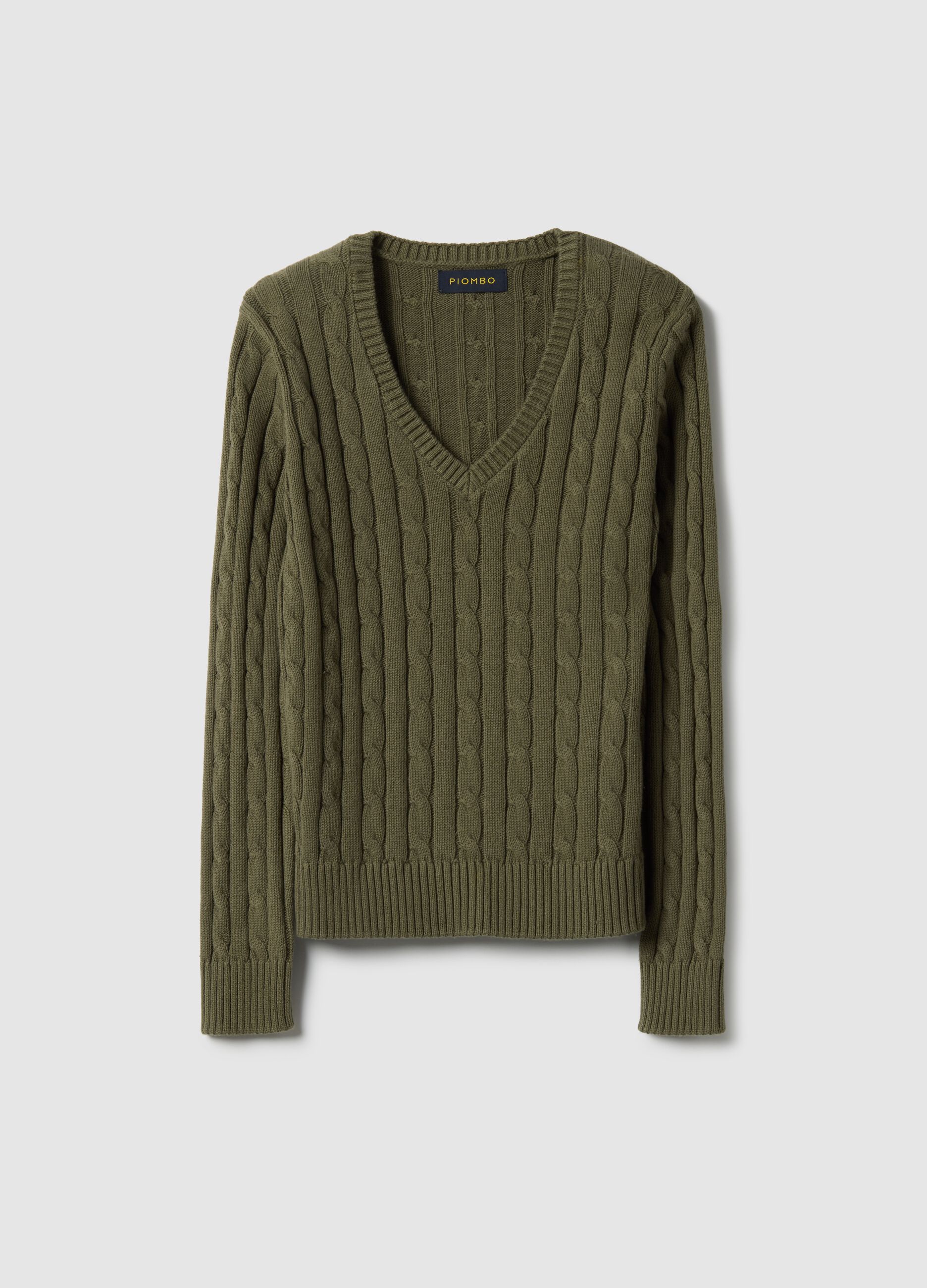 Green pure cotton regular fit pullover with cable knit