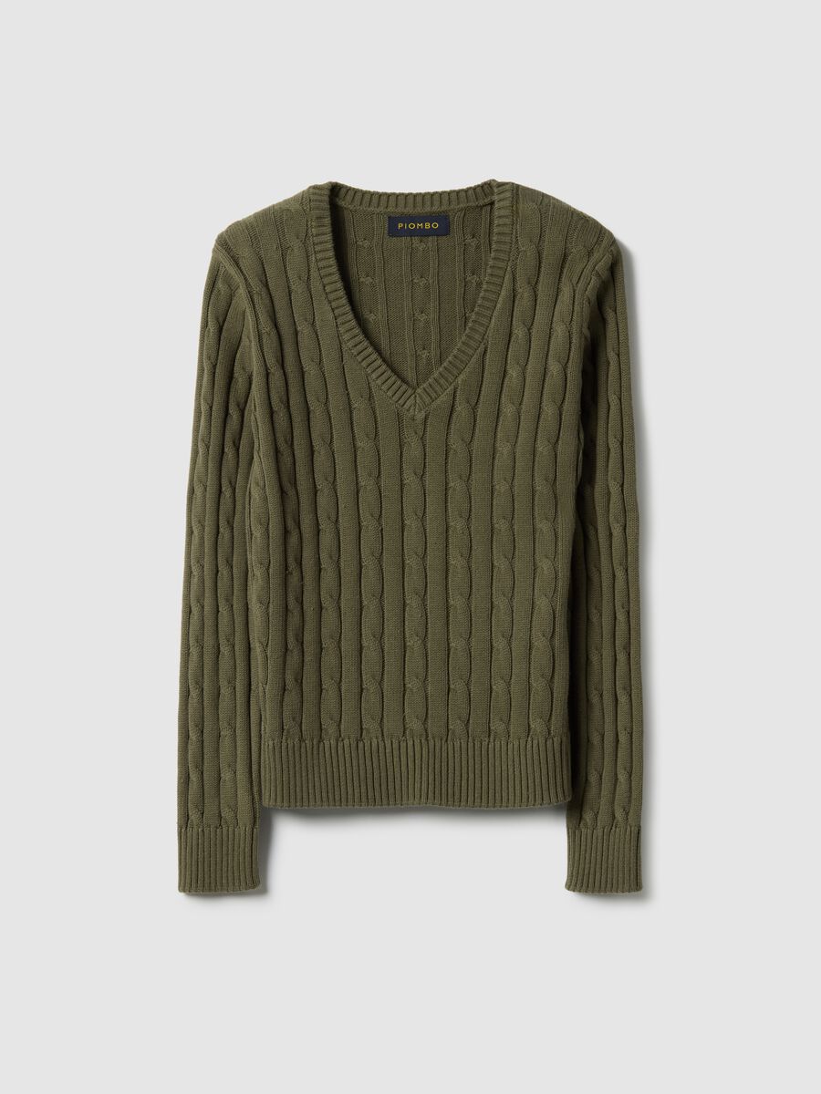 Green pure cotton regular fit pullover with cable knit_0