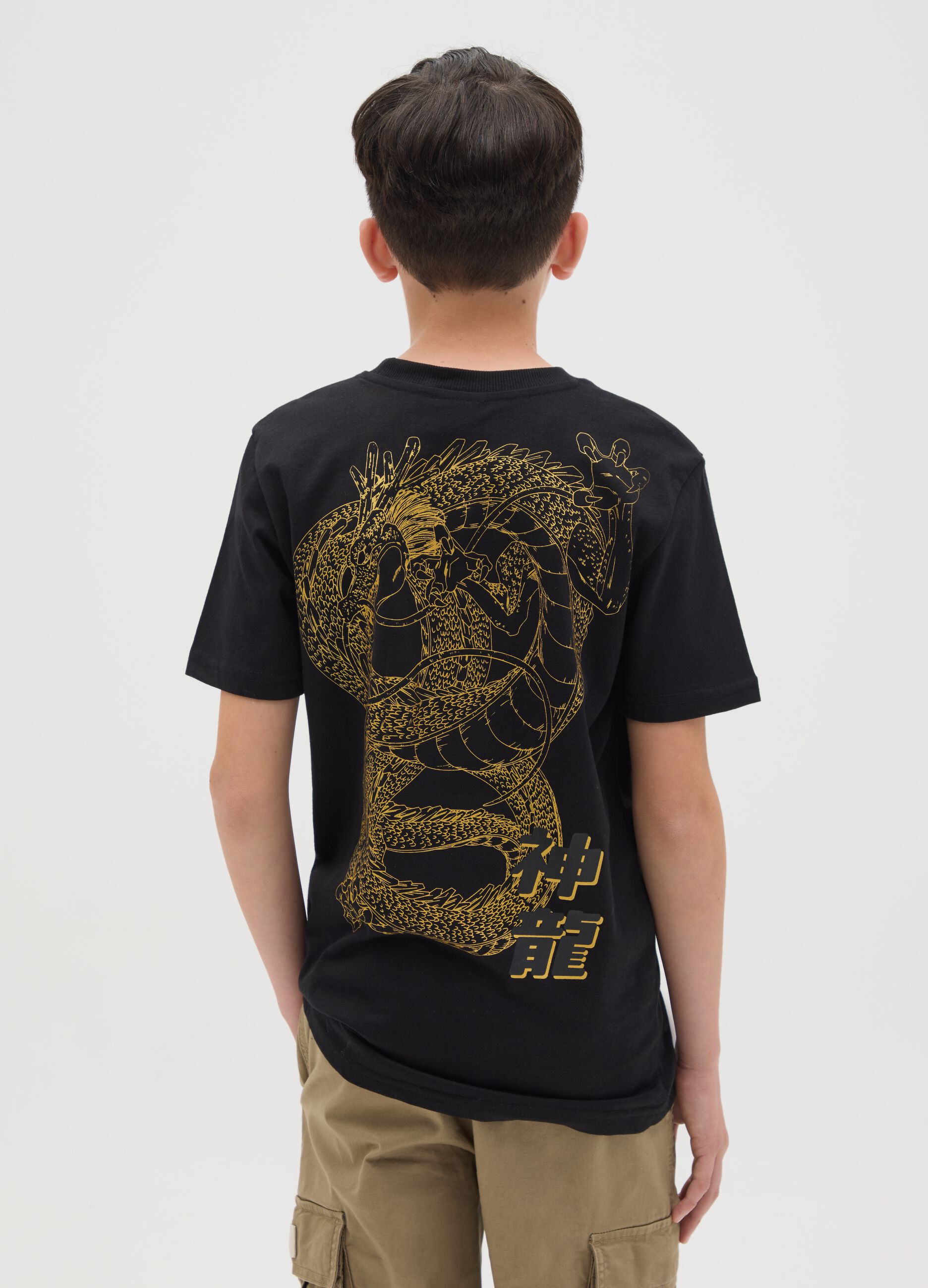 Boys’ T-shirt in black 100% cotton with over-sized fit and golden dragon