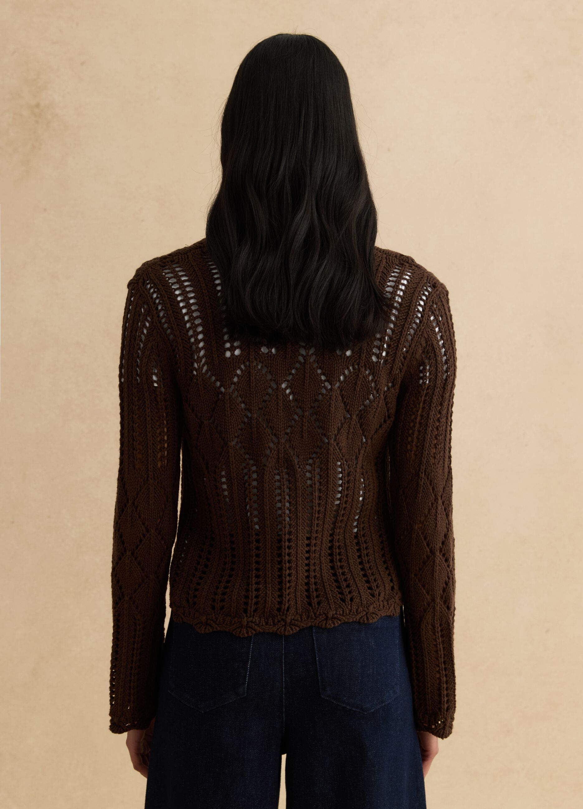 Brown pure cotton regular fit deep V openwork cardigan